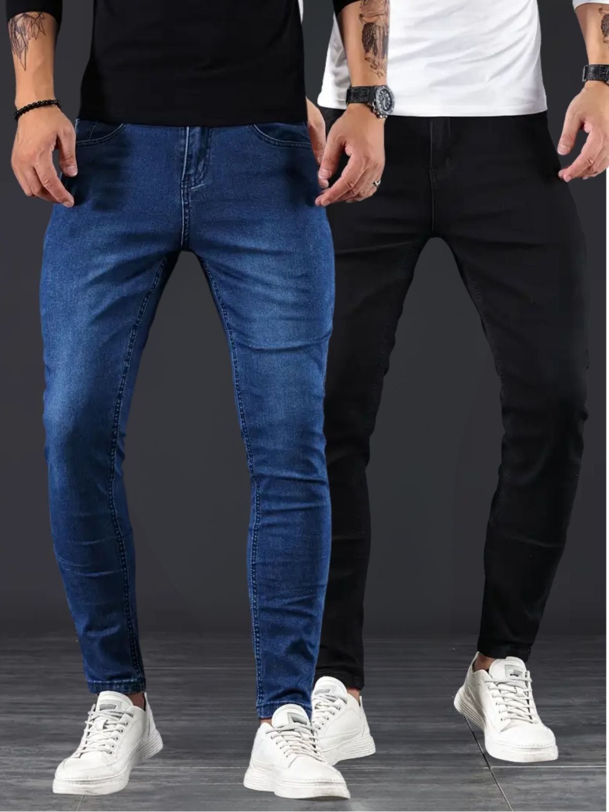 Kit 2 Calças Jeans Masculina Skinny KOVALI Casual Premium Confortável com Elastano Azul e Preto