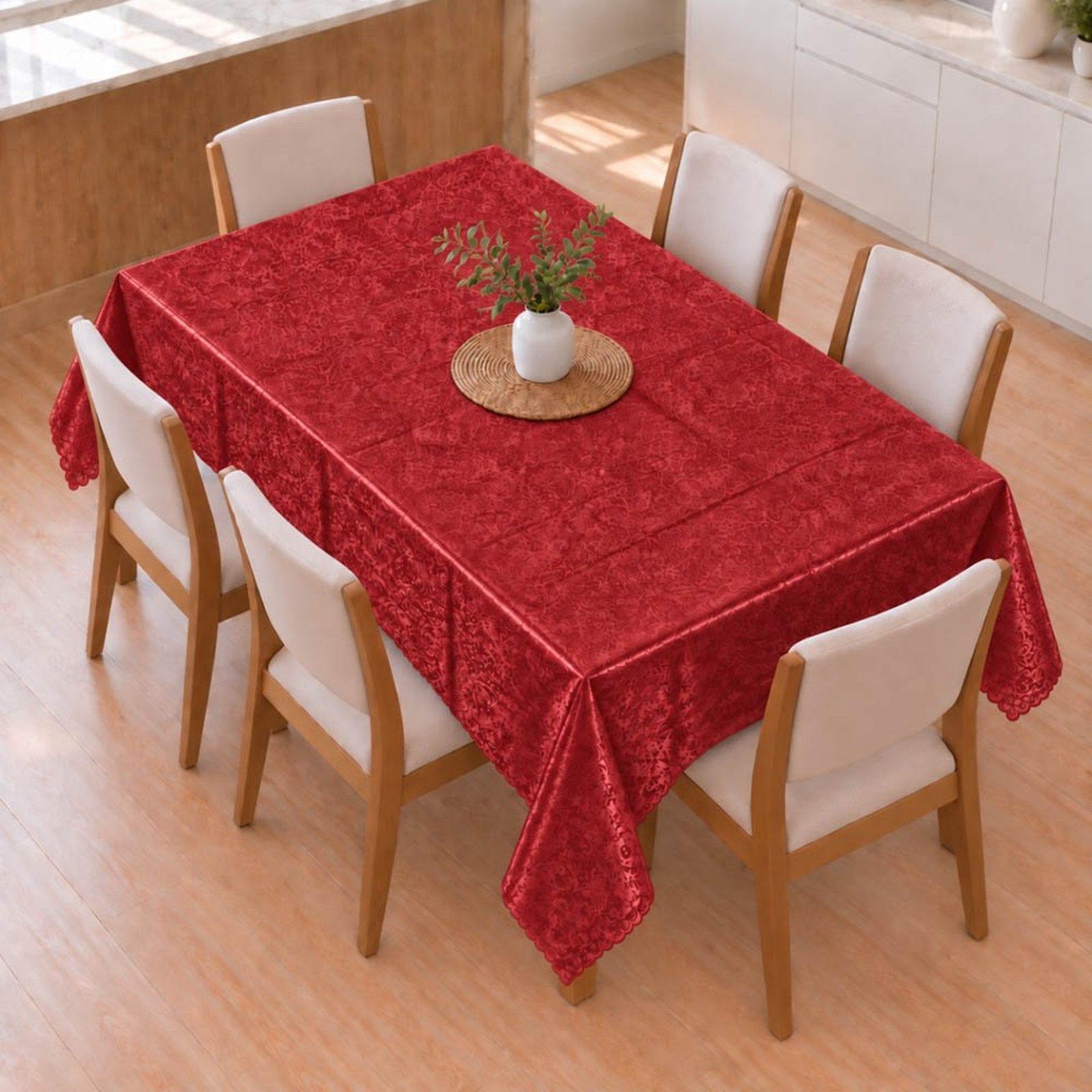 Toalha De Mesa 1,50m x 2,30m Para Mesa 6 Lugares Estampa Floral Impermeável Fácil de Limpar Vermelho