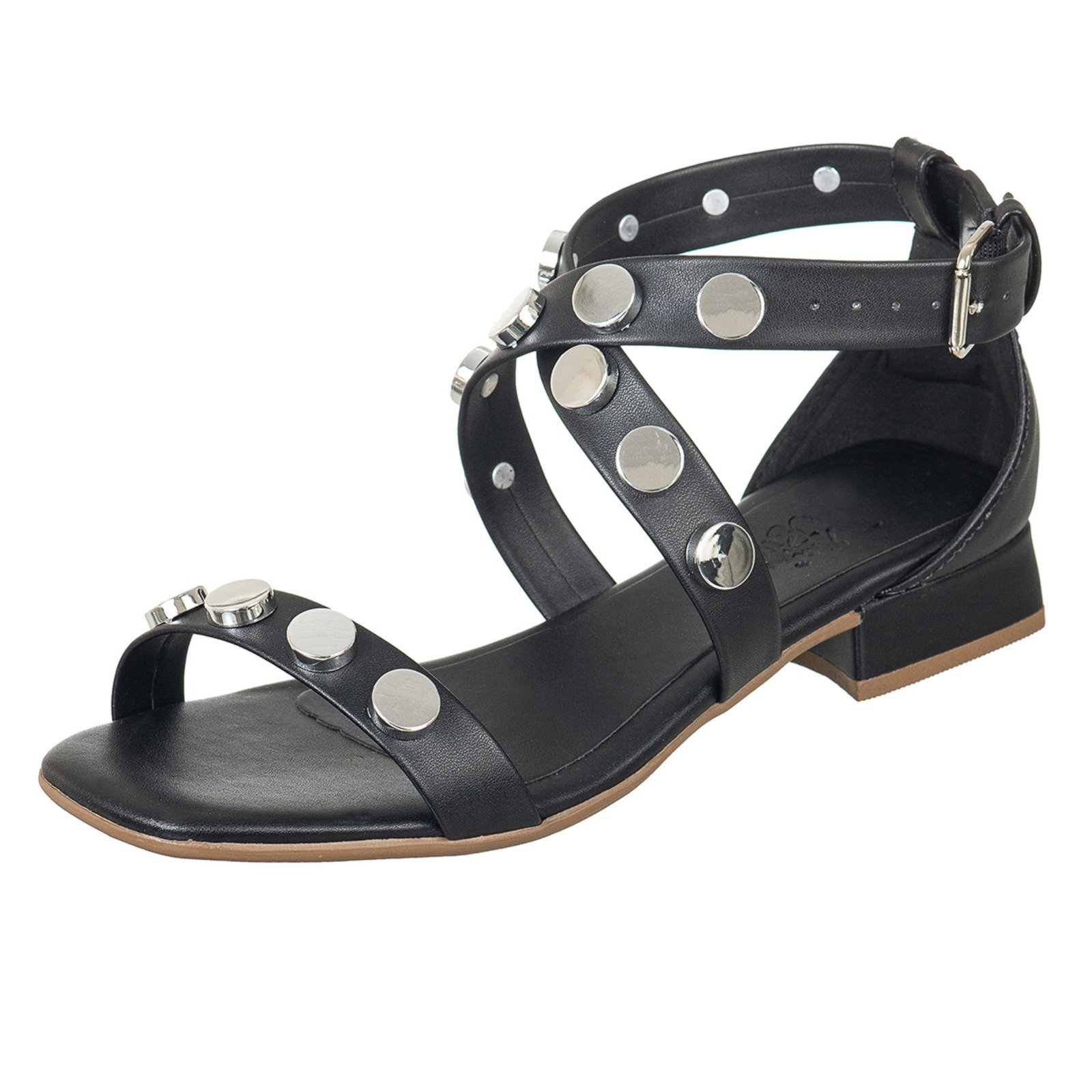 Sandália Feminina Via Birigui Salto Baixo Com Metal Esferas Preto