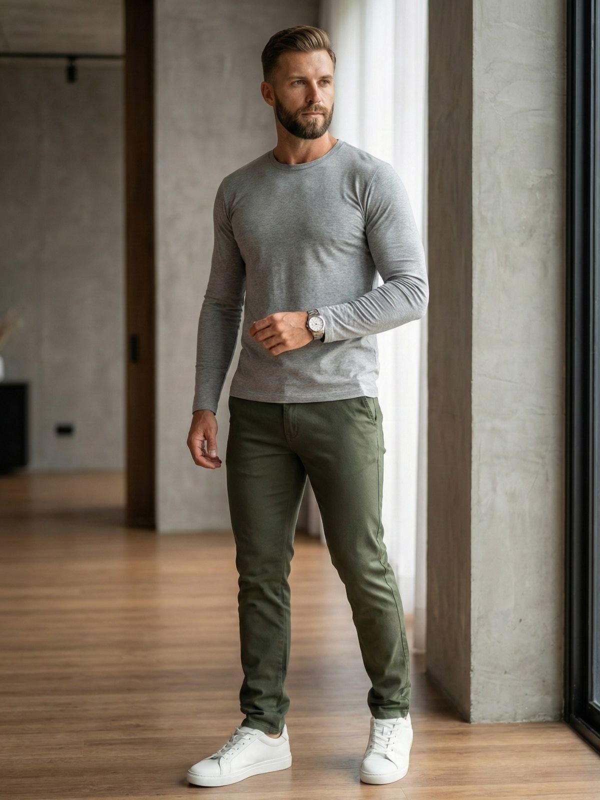 Calça Sarja Masculina Slim Fit Kovali Fashion Casual e Confortável Verde Militar