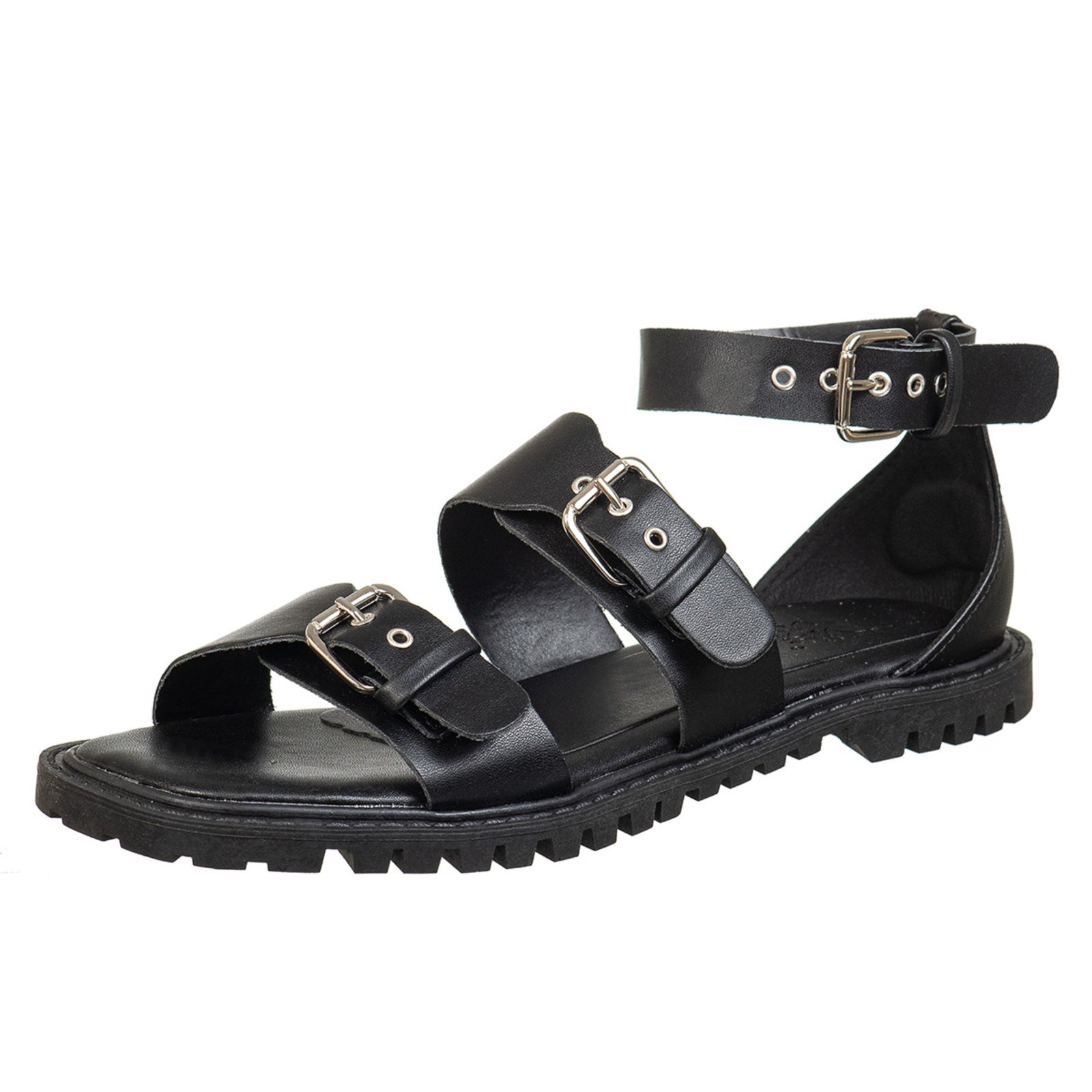 Sandalia Feminina Rasteira Flat Estilo Tratorada Via Birigui C/ Traseiro e Fivelas Preto