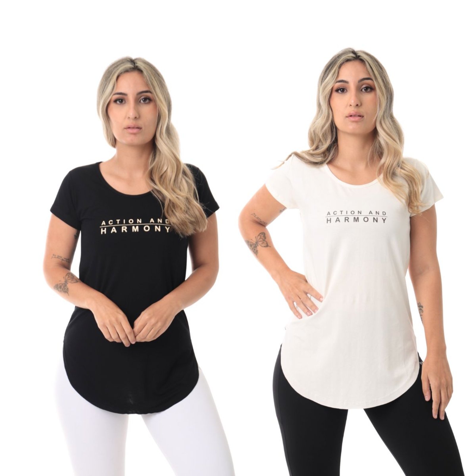 kit 2 Blusa Feminina Academia Action Preta e Marfim