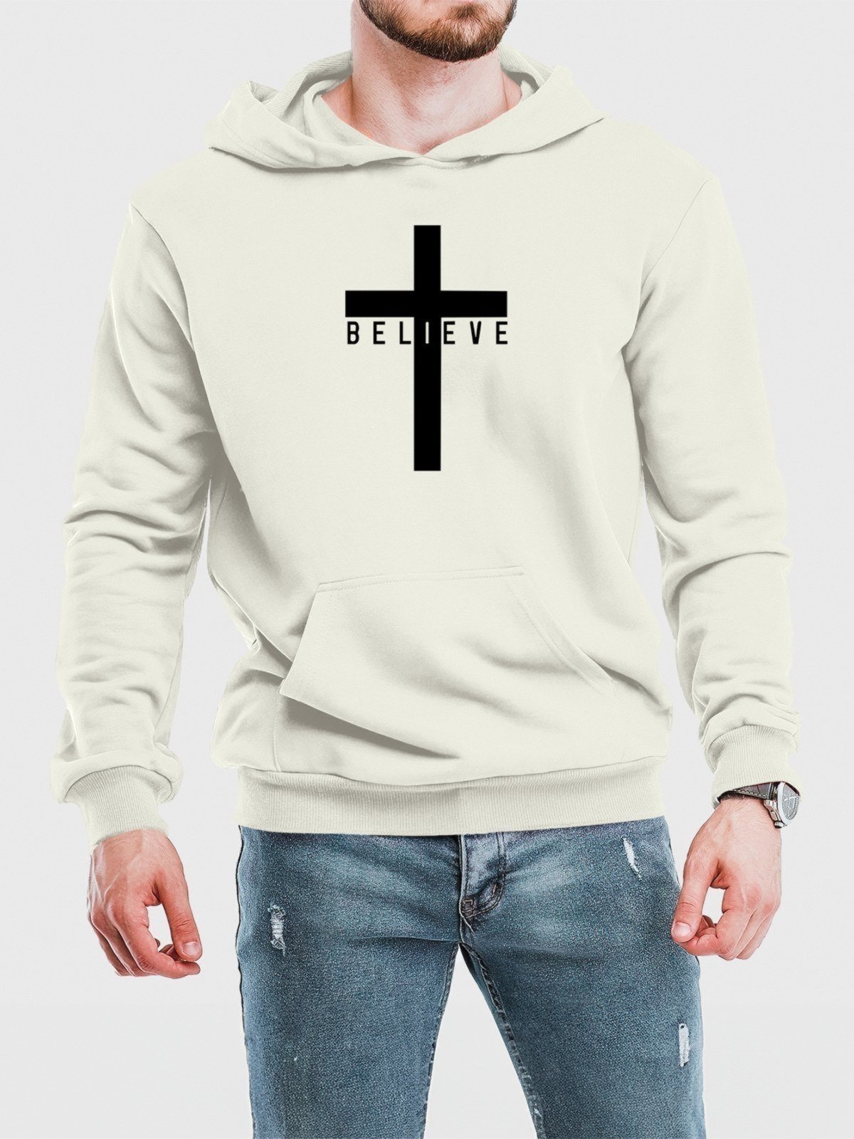 Vista 2 Blusa de Frio Moletom Flanelado Benellys Believe Canguru Off White branco white Benellys branco white