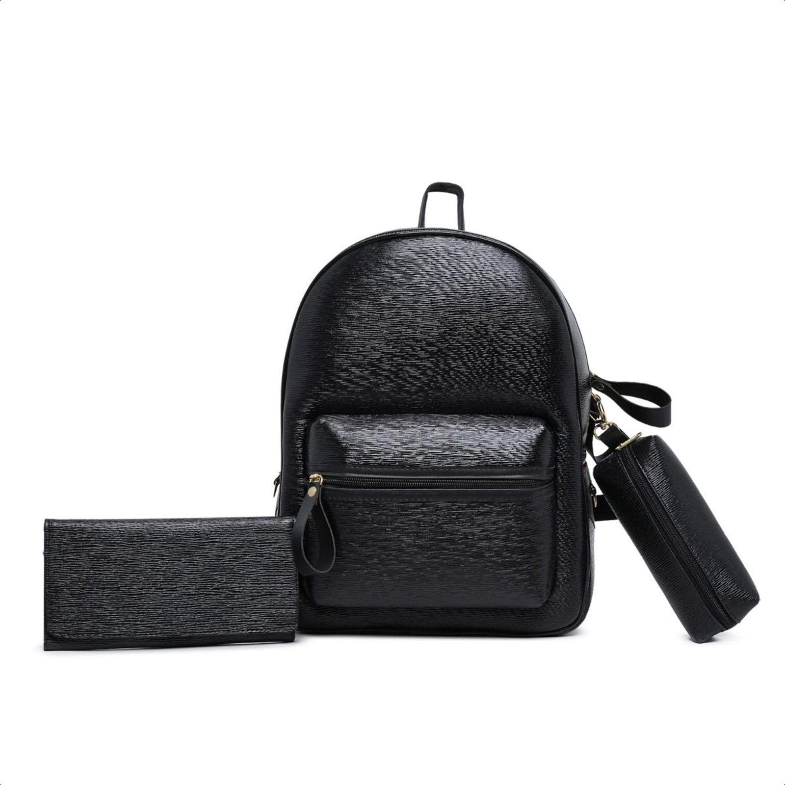 Kit Mochila Feminina Couro Universitaria Com Carteira Estojo - Preto