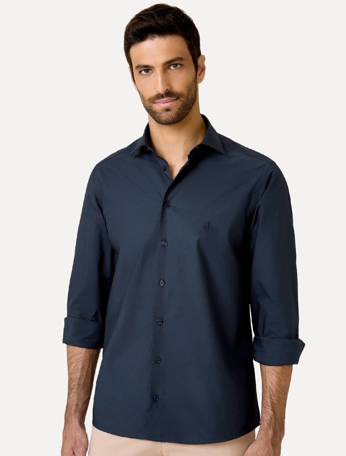 Camisa Dudalina Masculina Slim Superfine Cotton Mono Logo Lisa Tricoline Azul Marinho
