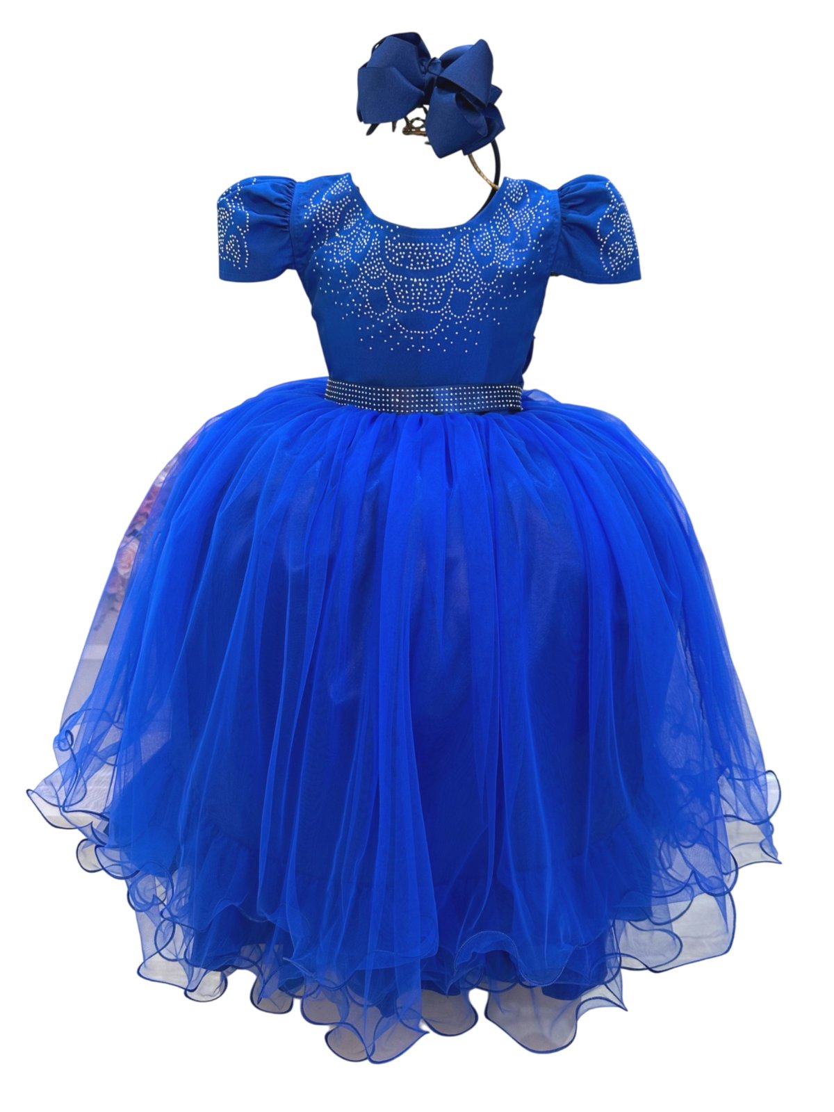Infantil - Vestido Longo Festa Azul Cobalto Royal Formatura Casamento Dama Daminha Social Menina Juvenil Pérolas Brilho Juvenil Princesa Rodado Florista Aniversário Luxo