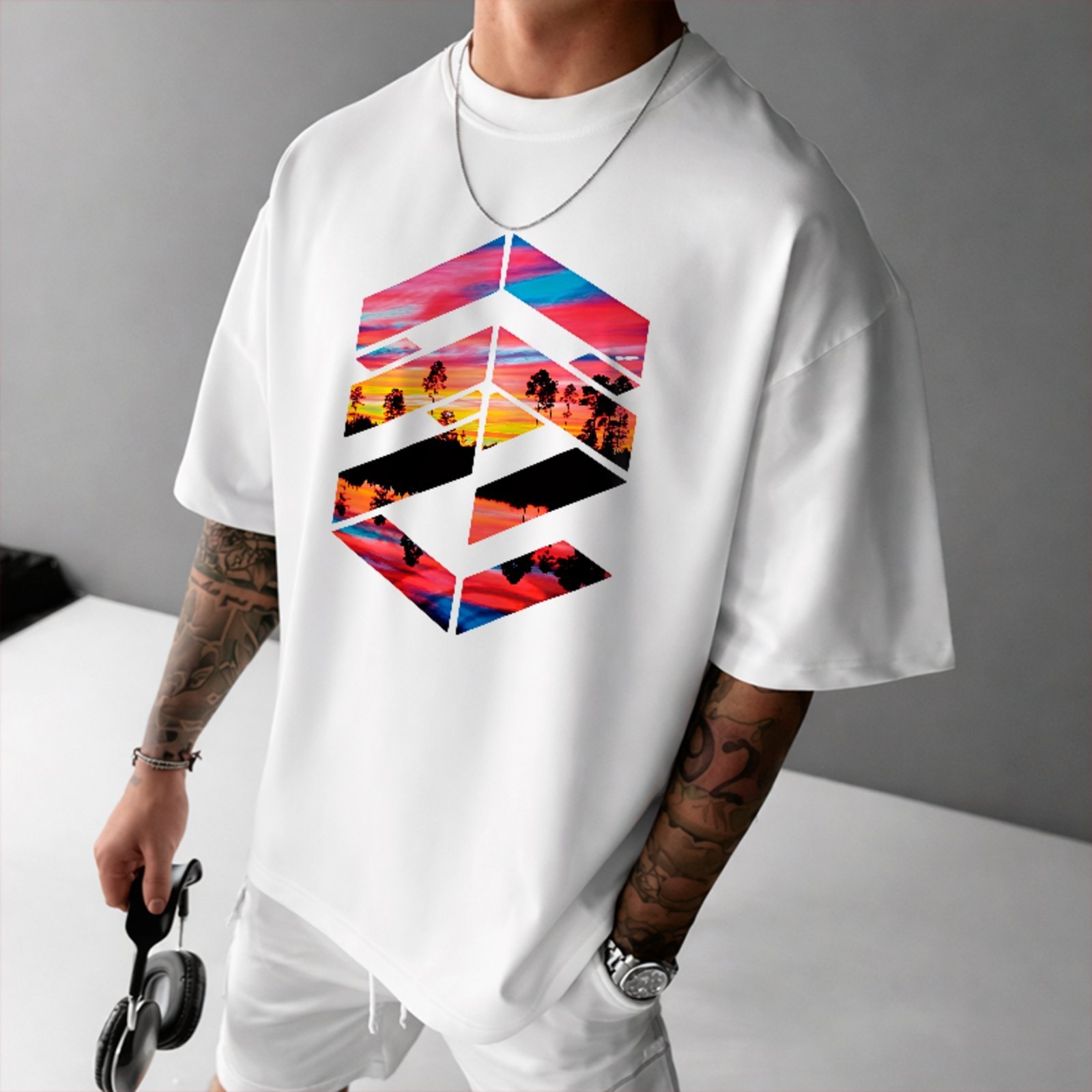 Camiseta Oversized Premium Sunset Landscape Streetwear Unissex Branco