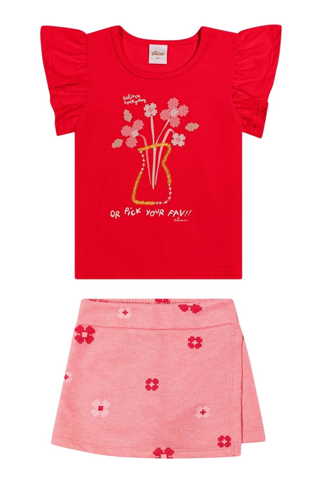 Infantil - Conjunto Menina Flores Lantejoulas Elian Vermelho