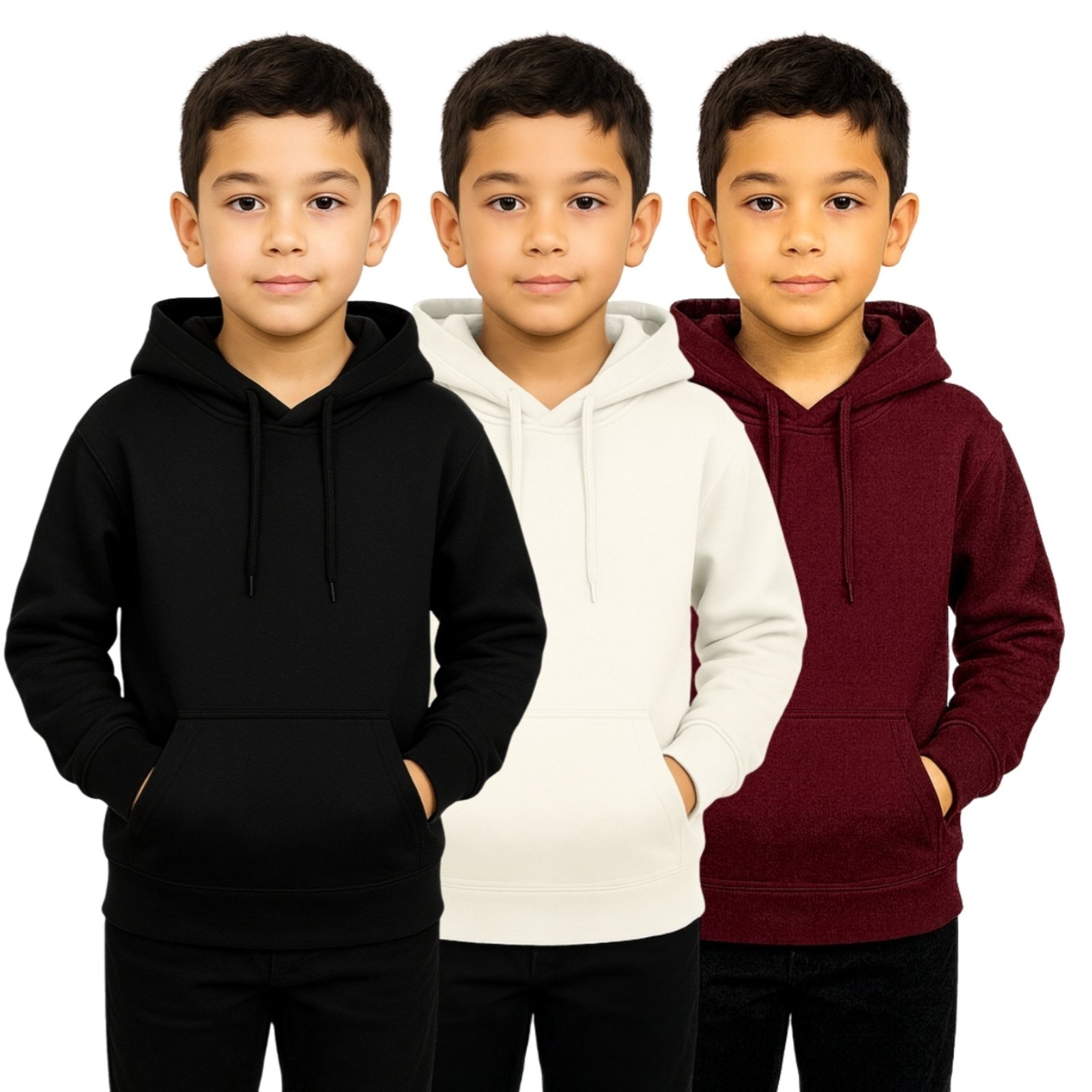 Infantil - Kit 3 Blusas de Moletom Liso Relaxado Canguru Com Capuz Macio Quente