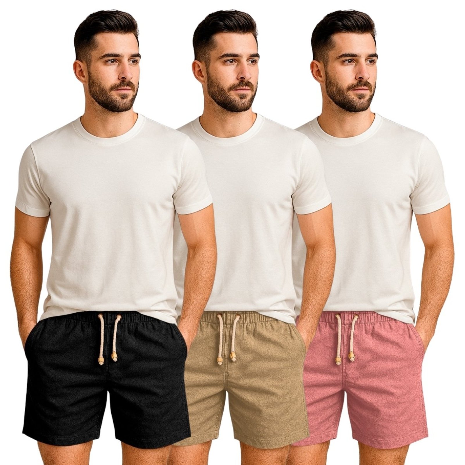 Kit 3 Shorts Linho Premium Bermuda Masculina Moda Praia Luxo