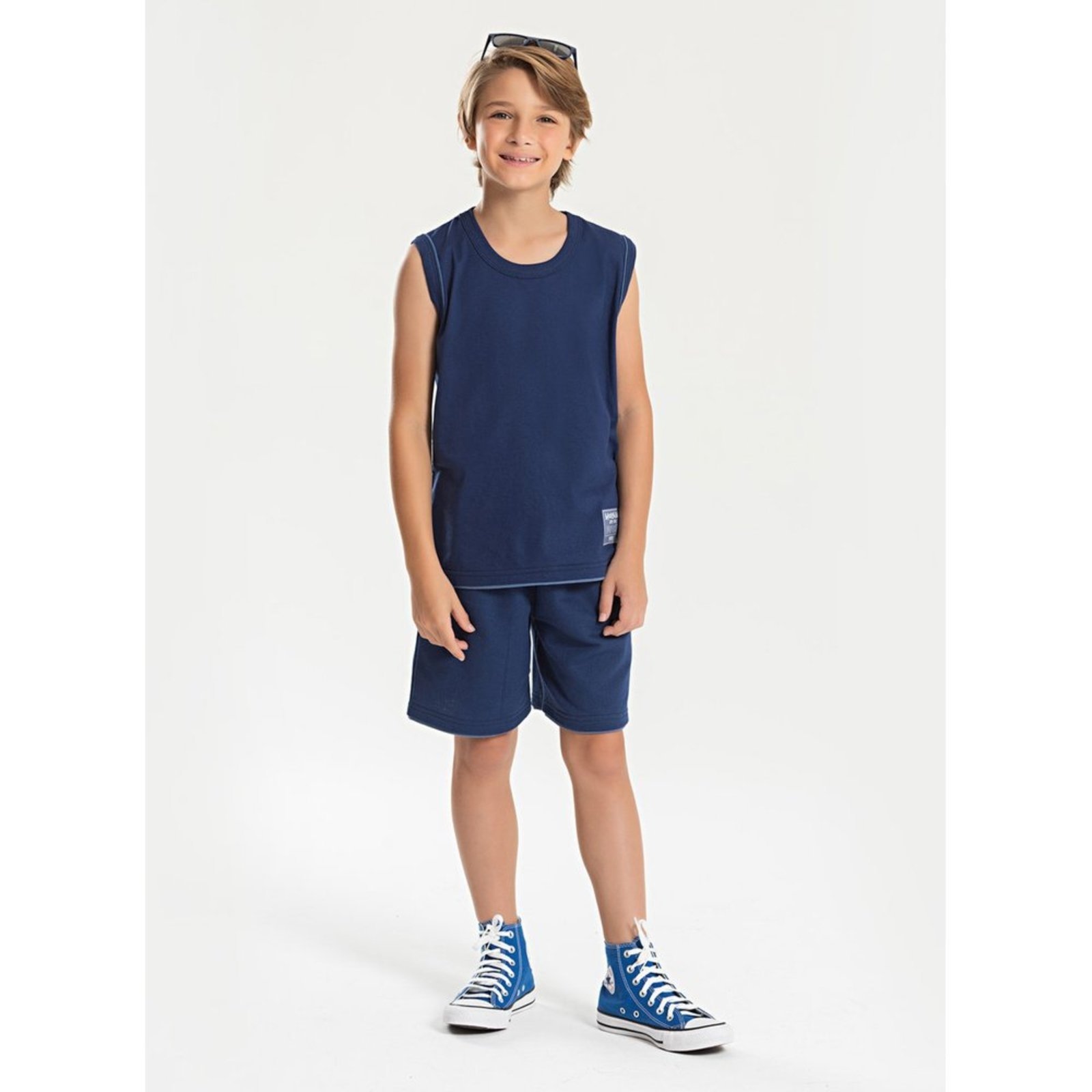 Infantil – Conjunto Verão Menino Azul Regata e Bermuda com Bainha Sobreposta