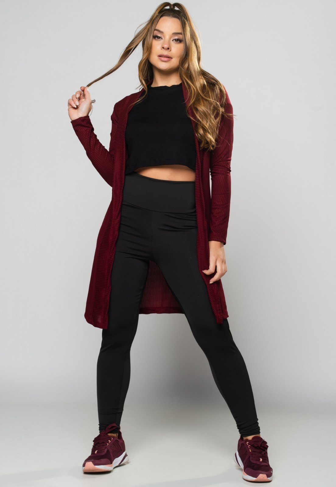 Cardigan MVB Modas Canelado Feminino Kimono Blusa de Frio Vinho