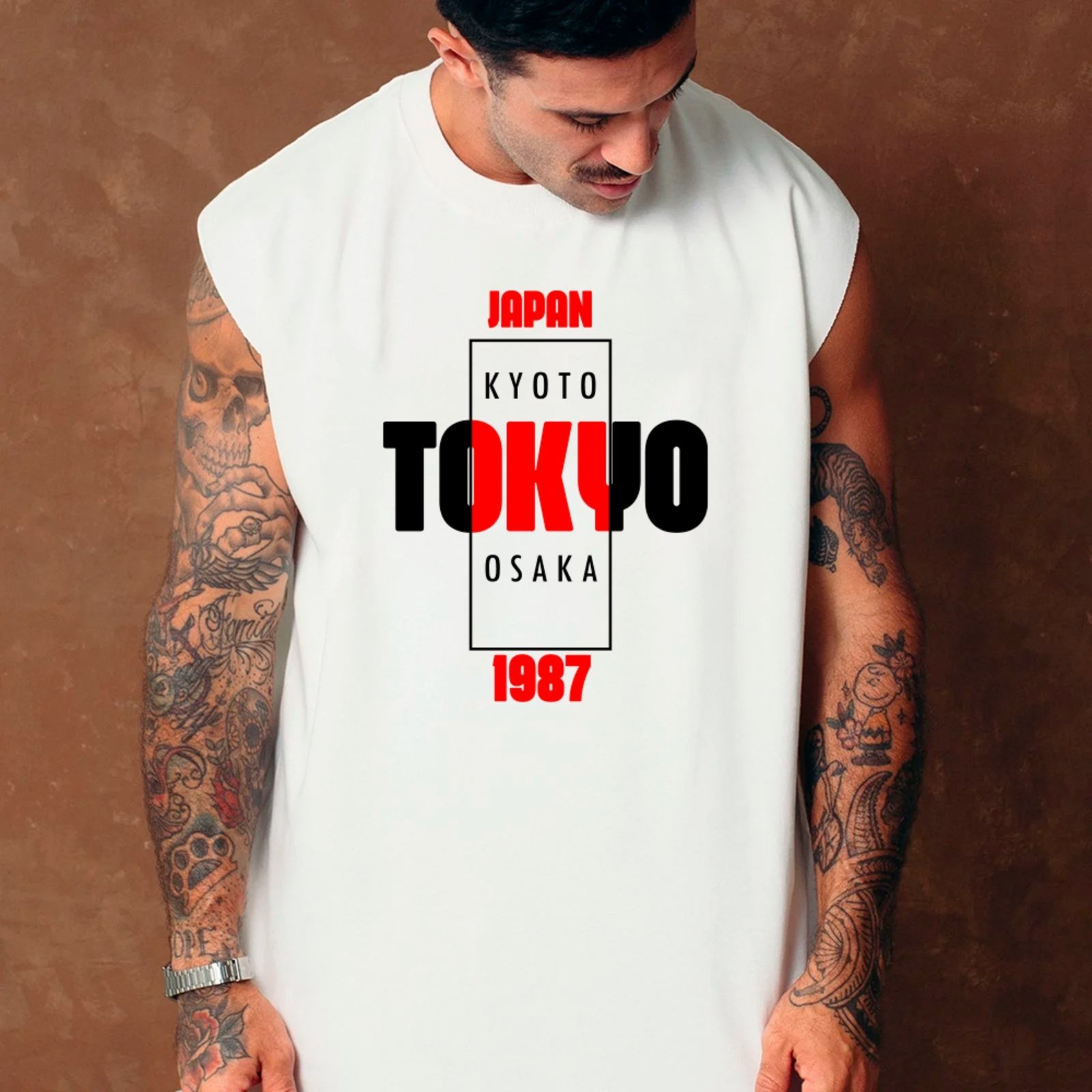 Camiseta Regata Machão Ousy Tokyo 1987 Oversized Masculina Branco