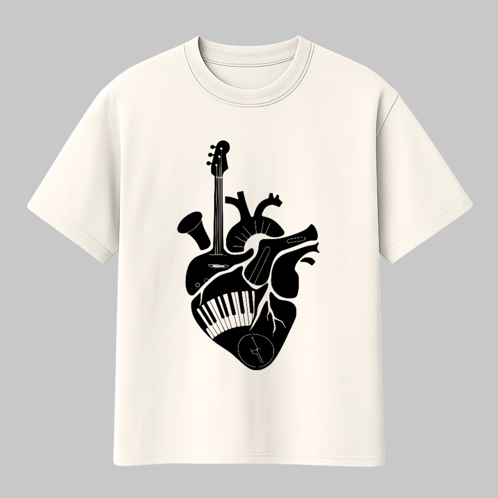 Camiseta Básica Coração Musical Instrumentos Estilo Artístico Off White