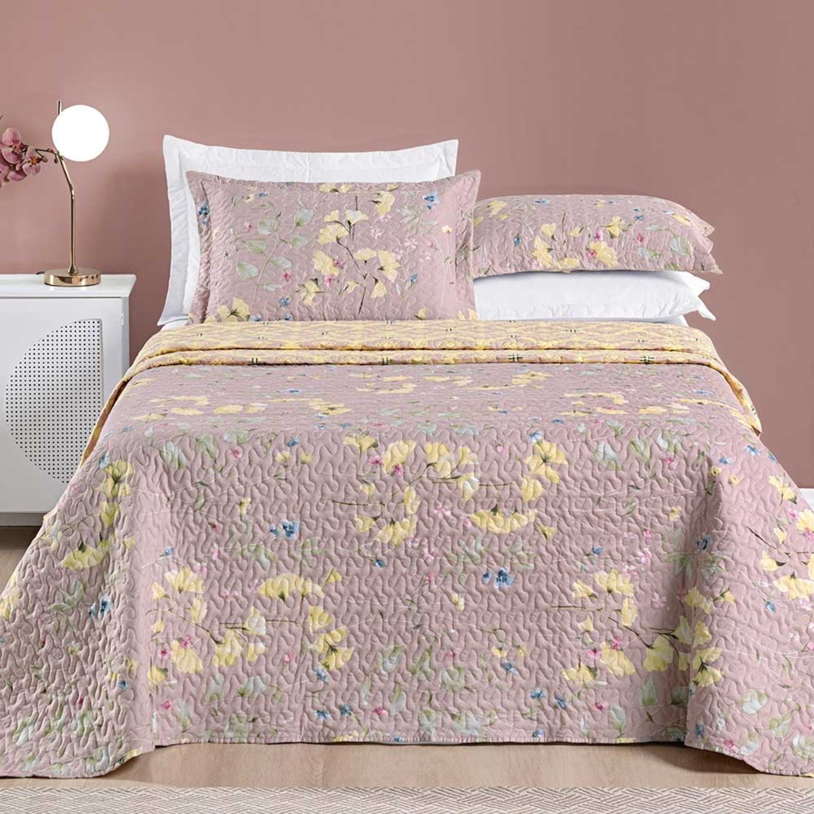 Kit Cobre Leito Colcha Casa Scarpa Dallas Queen Dupla Face Estampada 3 Peças - Rosê Lavanda Floral