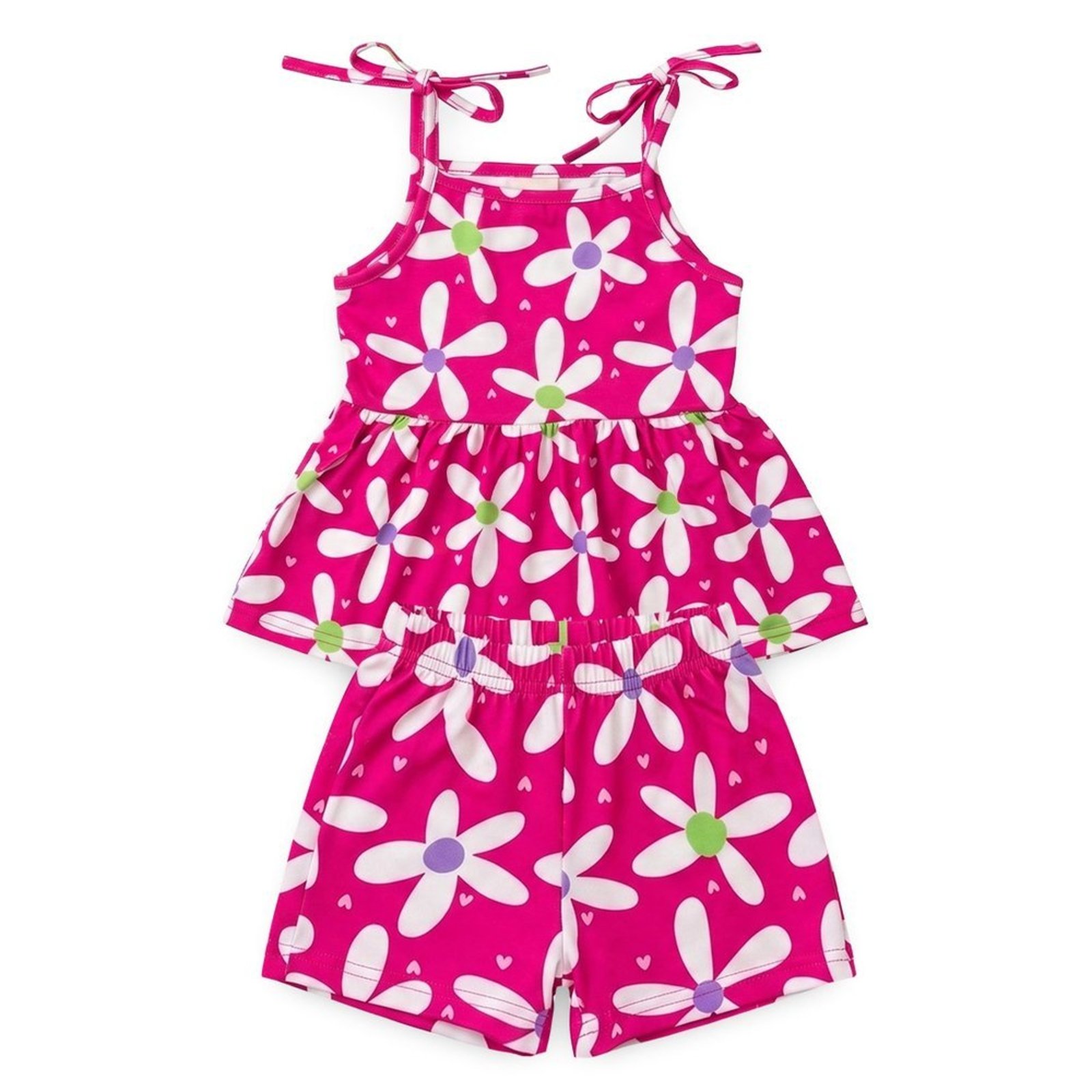 Infantil - Conjunto Verão Menina Pink Cropped Alcinha com Babado e Shorts Flores