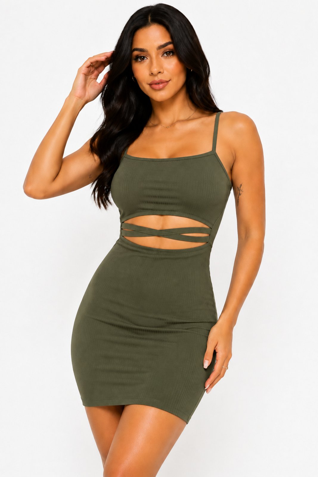 Vestido Curto D Bell Outlet Fashion Canelado Recortes Verde Militar