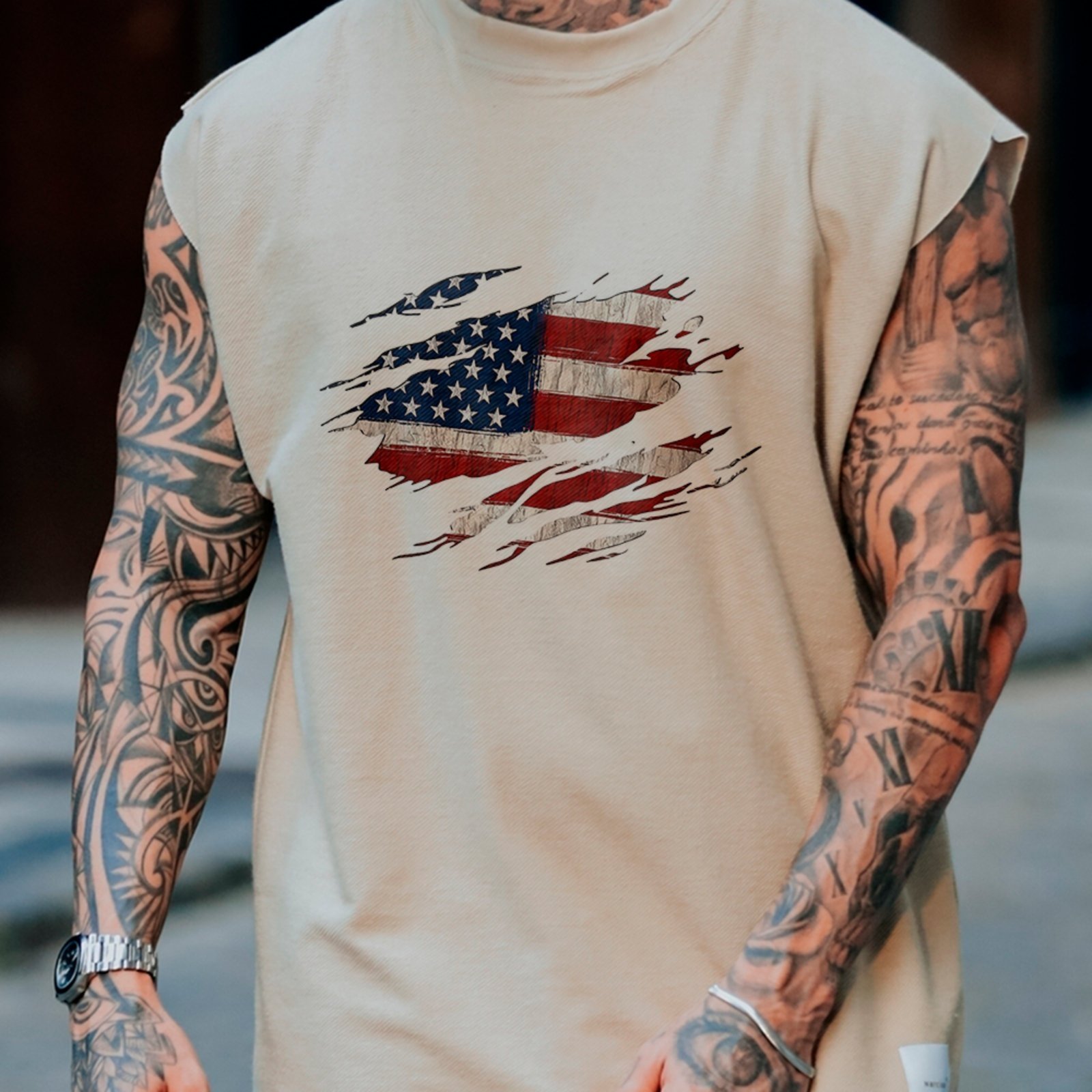 Camiseta Regata Machão Bandeira Americana Patriota Moda Urbana Off White
