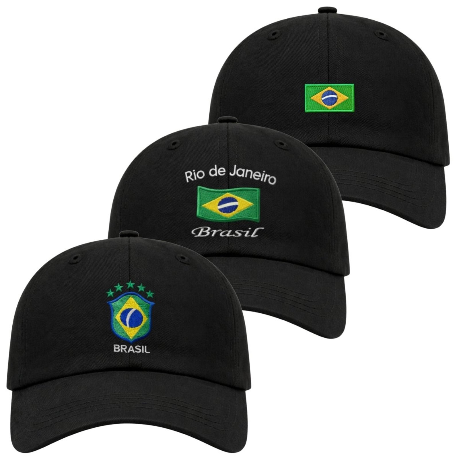 Kit 3 Bonés Aba Curva com Ajuste Moderno Confortável Brasil Bordado
