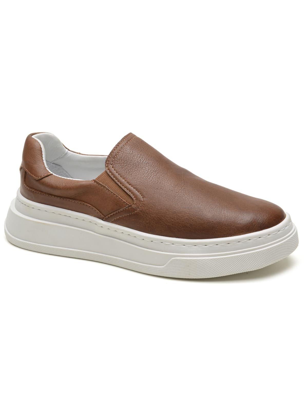 Tênis Slip Masculino Couro Sola Alta Branca Conforto Casual Marrom