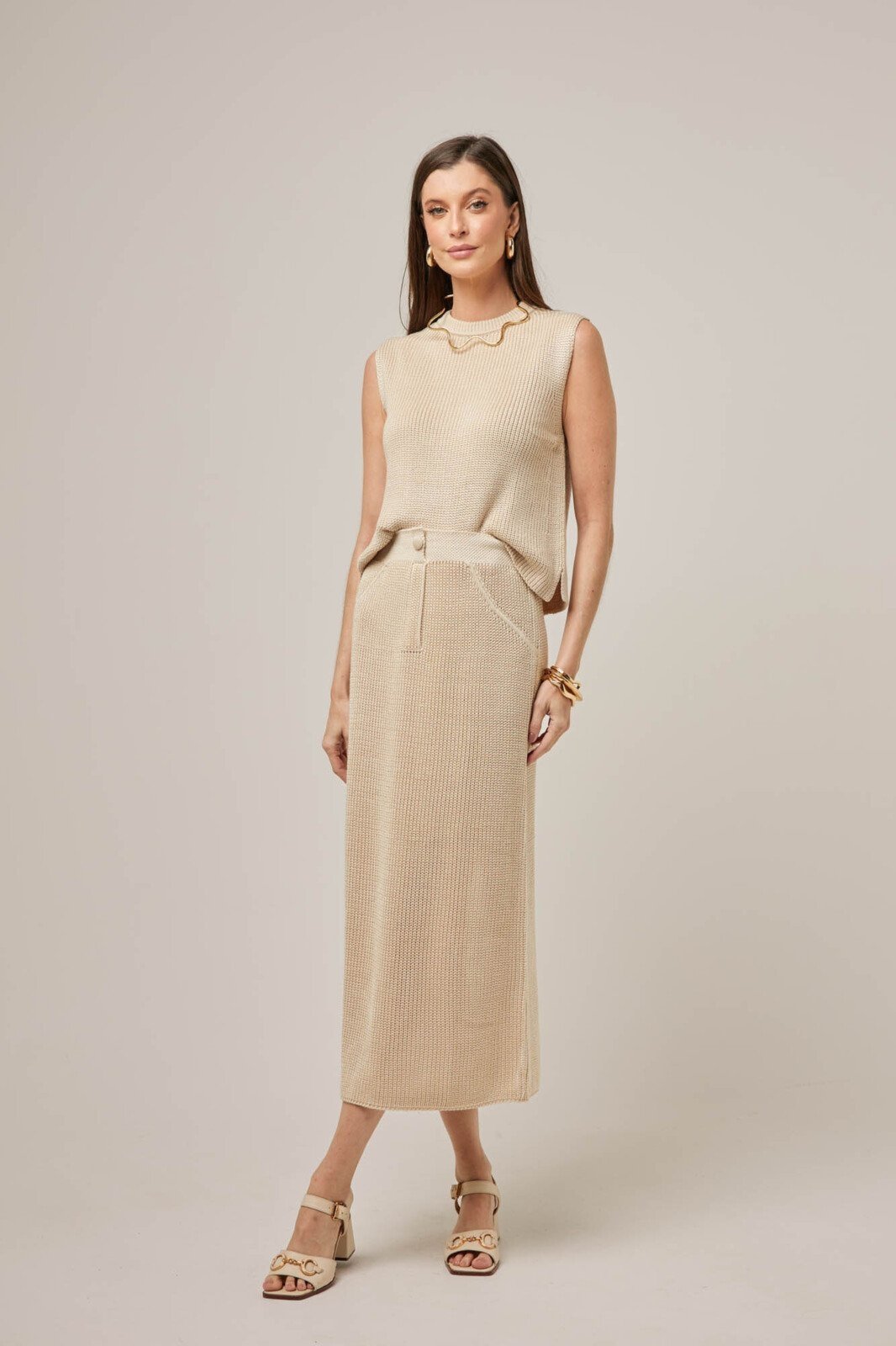 Conjunto Feminino Mariana Em Tricot Bege Quaker