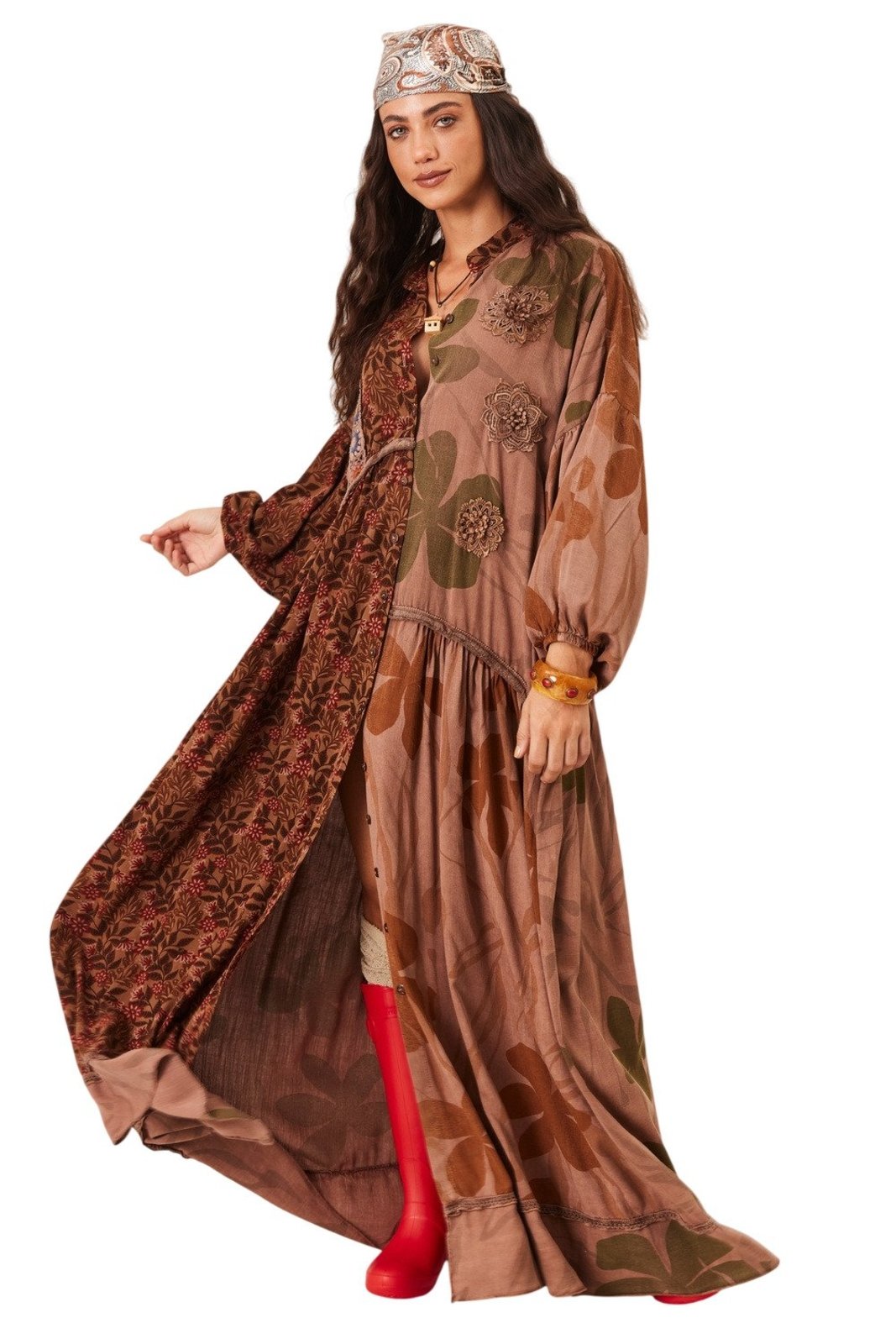 Vestido Longo Amplo Com Flores Bordadas Marrom Patchwork Yacamim D8 - Patchwork