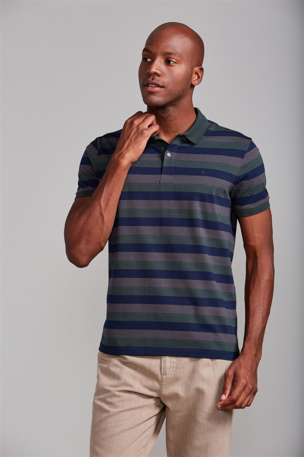 HIGHSTIL Camisa Polo Malha Slim Fit - Verde Floresta / Azul Marinho