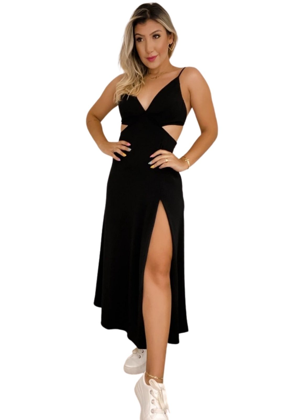 Vestido de Verão Midi Khloe Abertura Viscolinho com Fenda Preto