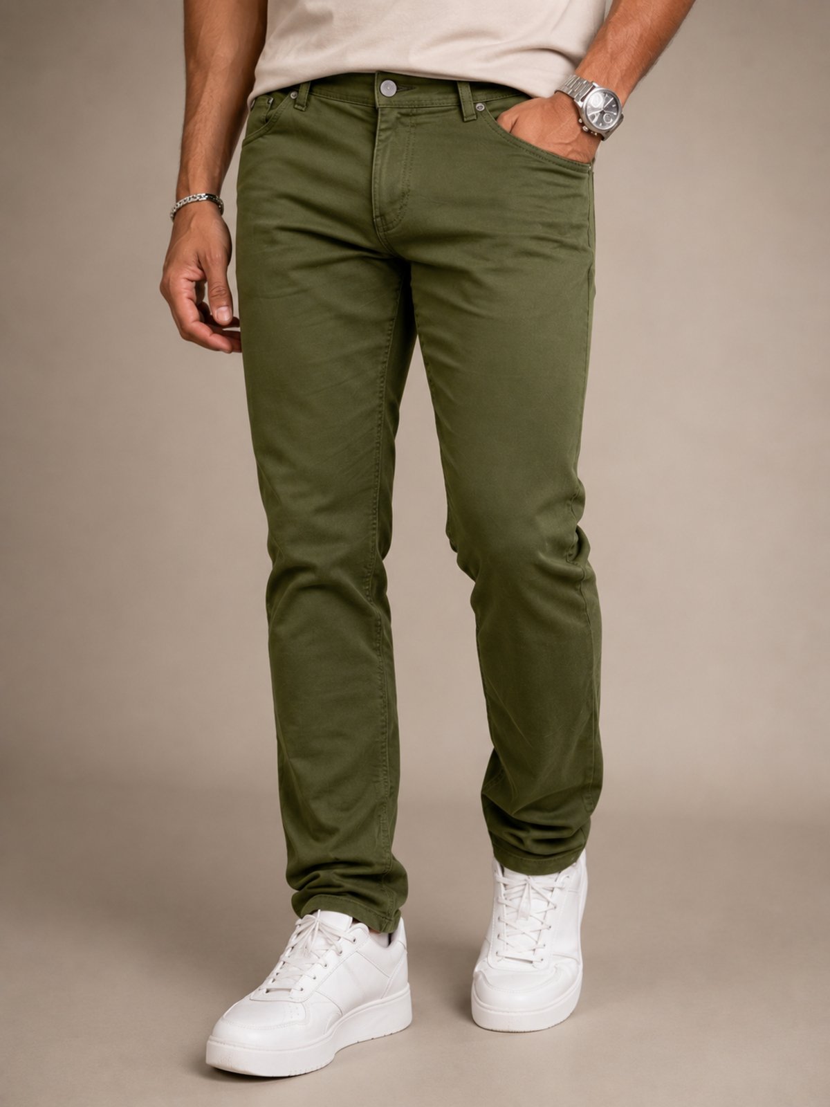 Calça Sarja Masculina 5 Estilo Conforto Casual Verde Militar