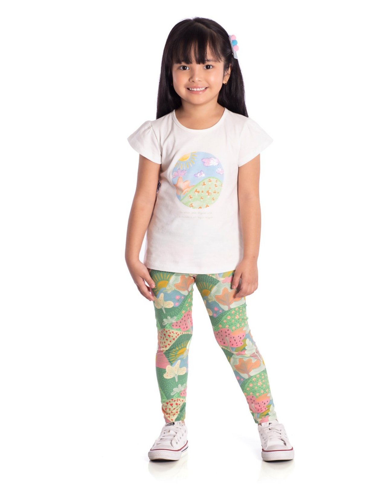 Infantil - Conj. blusa manga curta off white + calça legging malha modal estampada