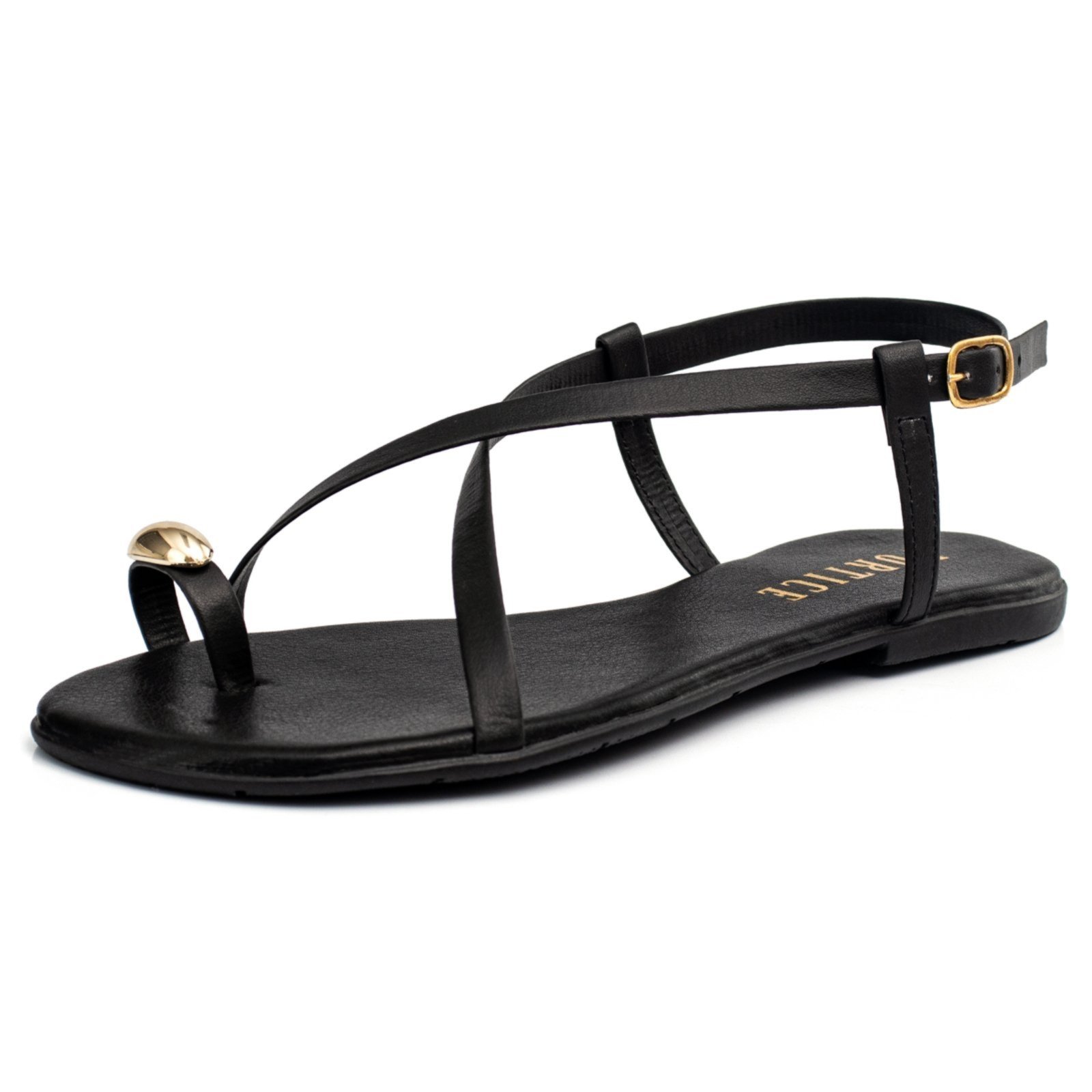 Sandália Feminina Rasteira Flat Metal Anel Enfeite Lesma Brilho Preto