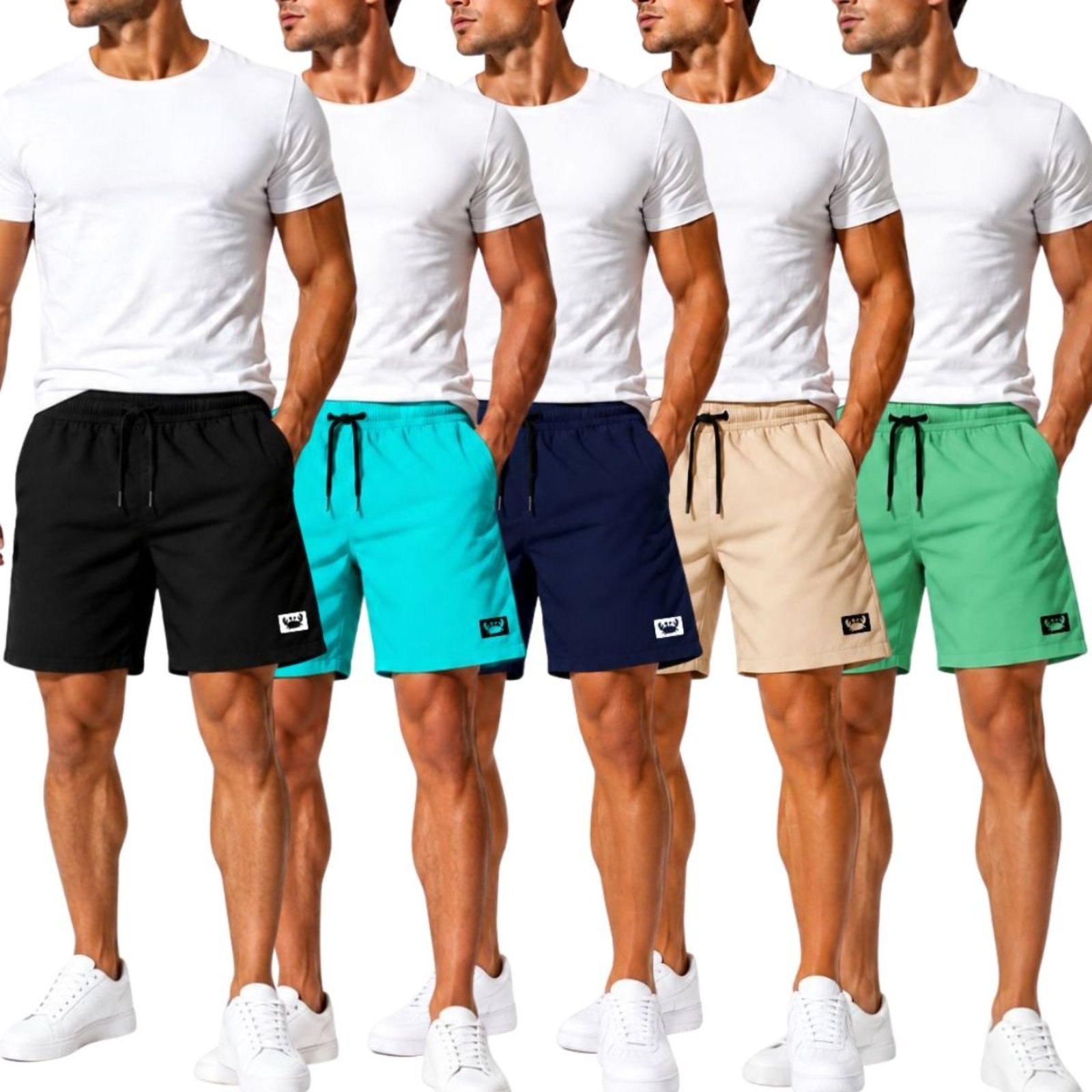 Kit 5 Short Masculino Tactel Leve Moda Praia e Piscina Bermuda Treino Academia Preto Azul Marinho Azul Bege e Verde