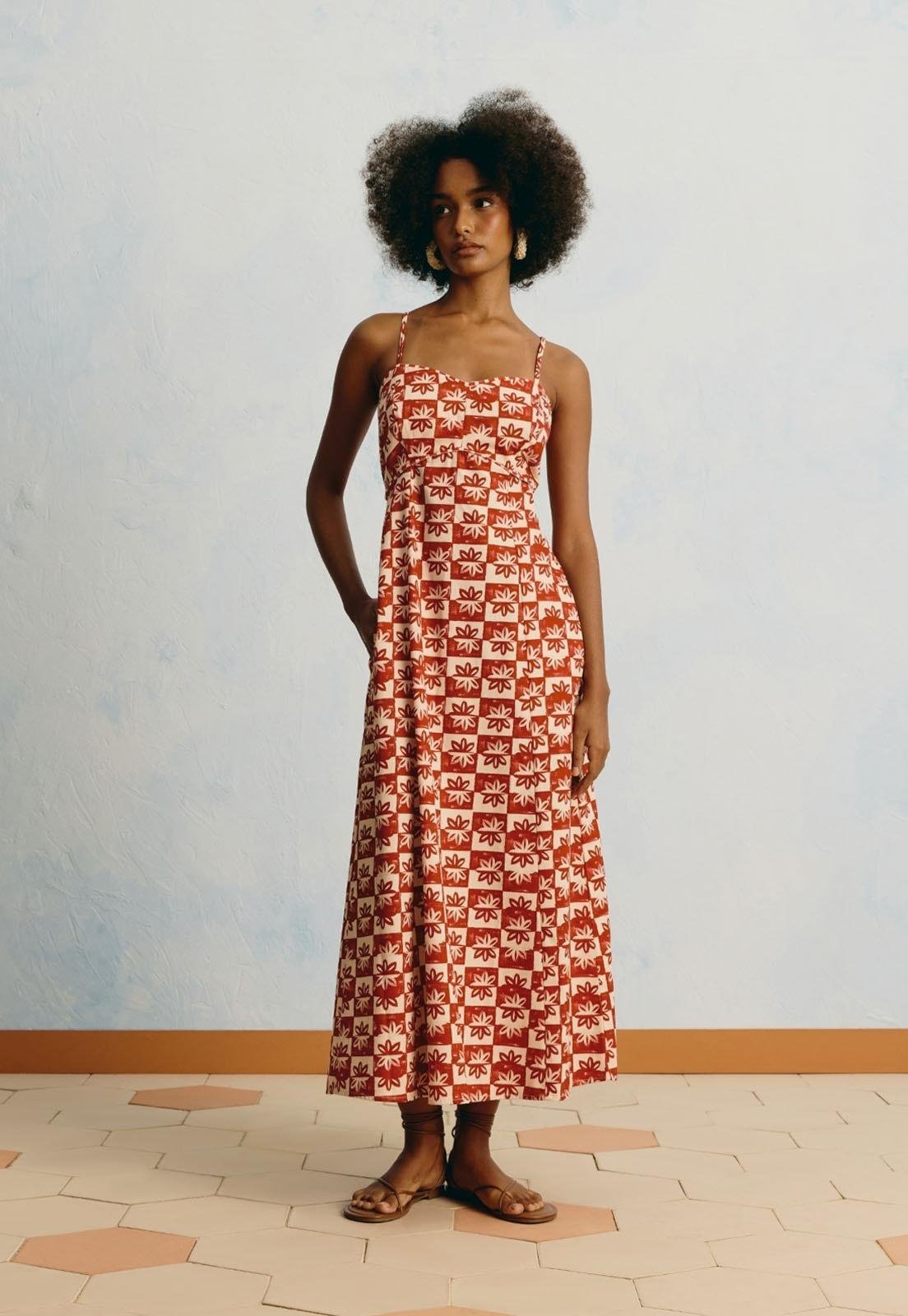 Vestido Midi Estampado Vila Rubia Vermelho