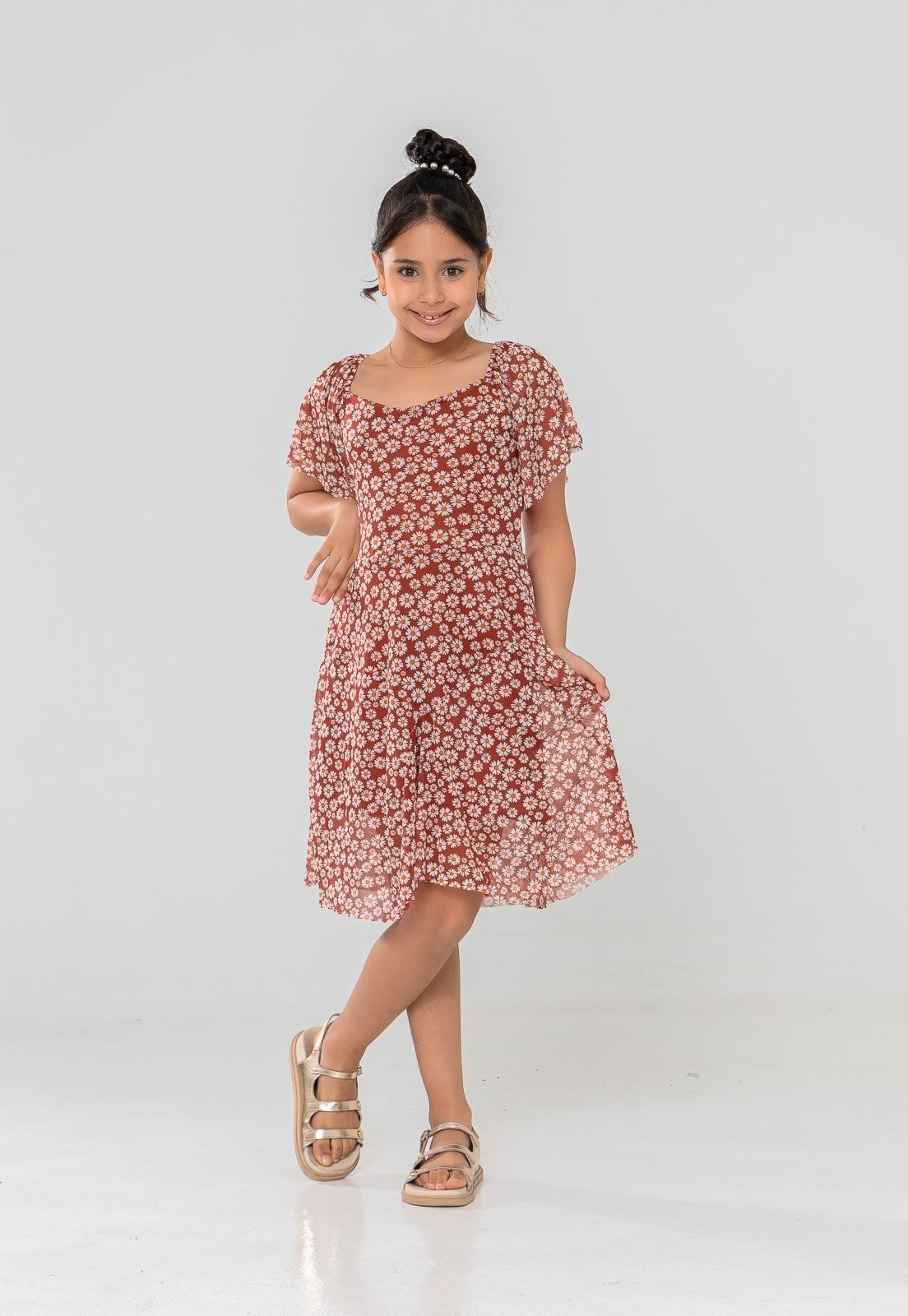 Infantil - Vestido Aura Fernanda Tule Margaridas Marrom