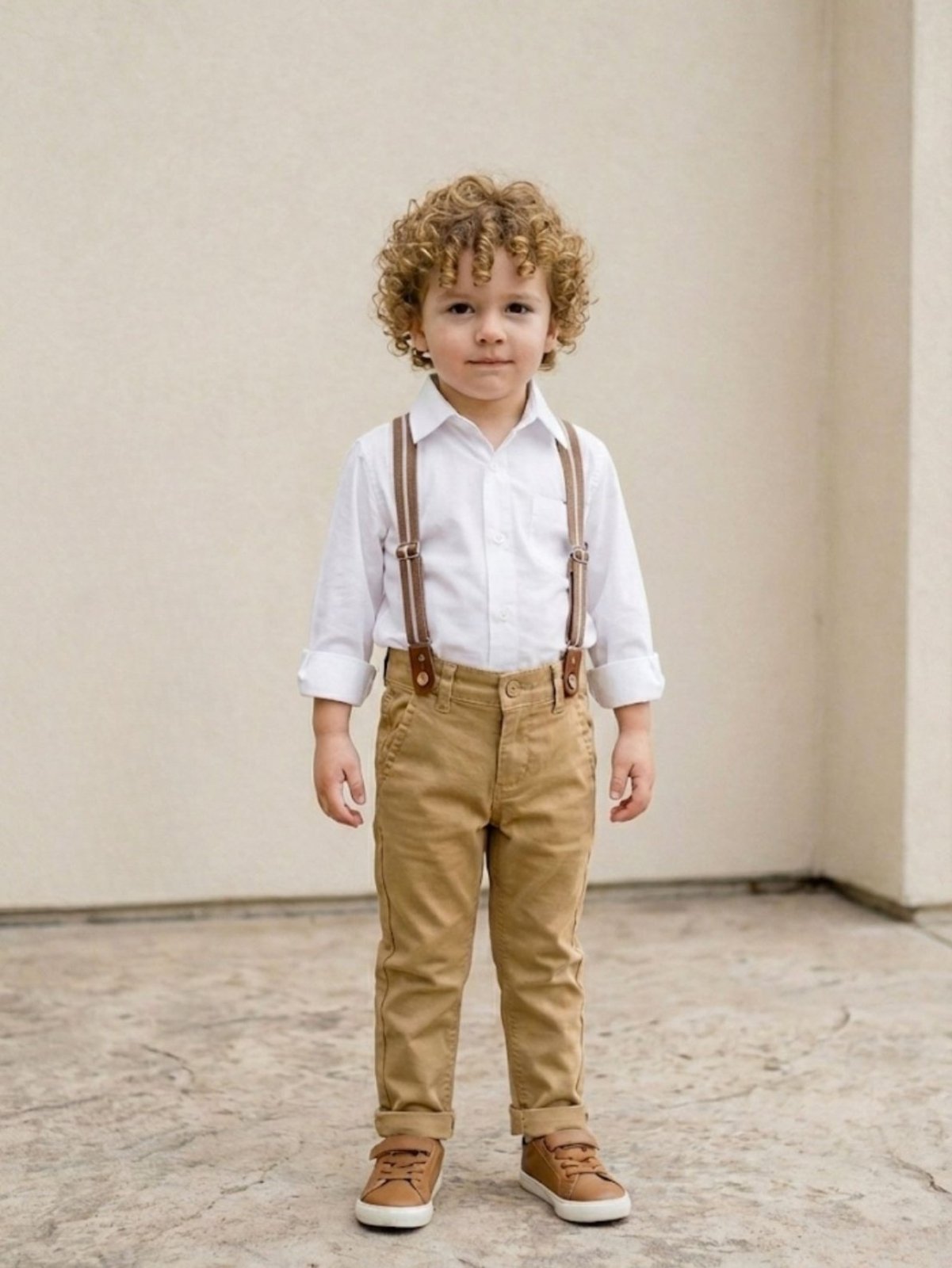 Infantil – Calça Sarja Areia c/ Suspensório Menino