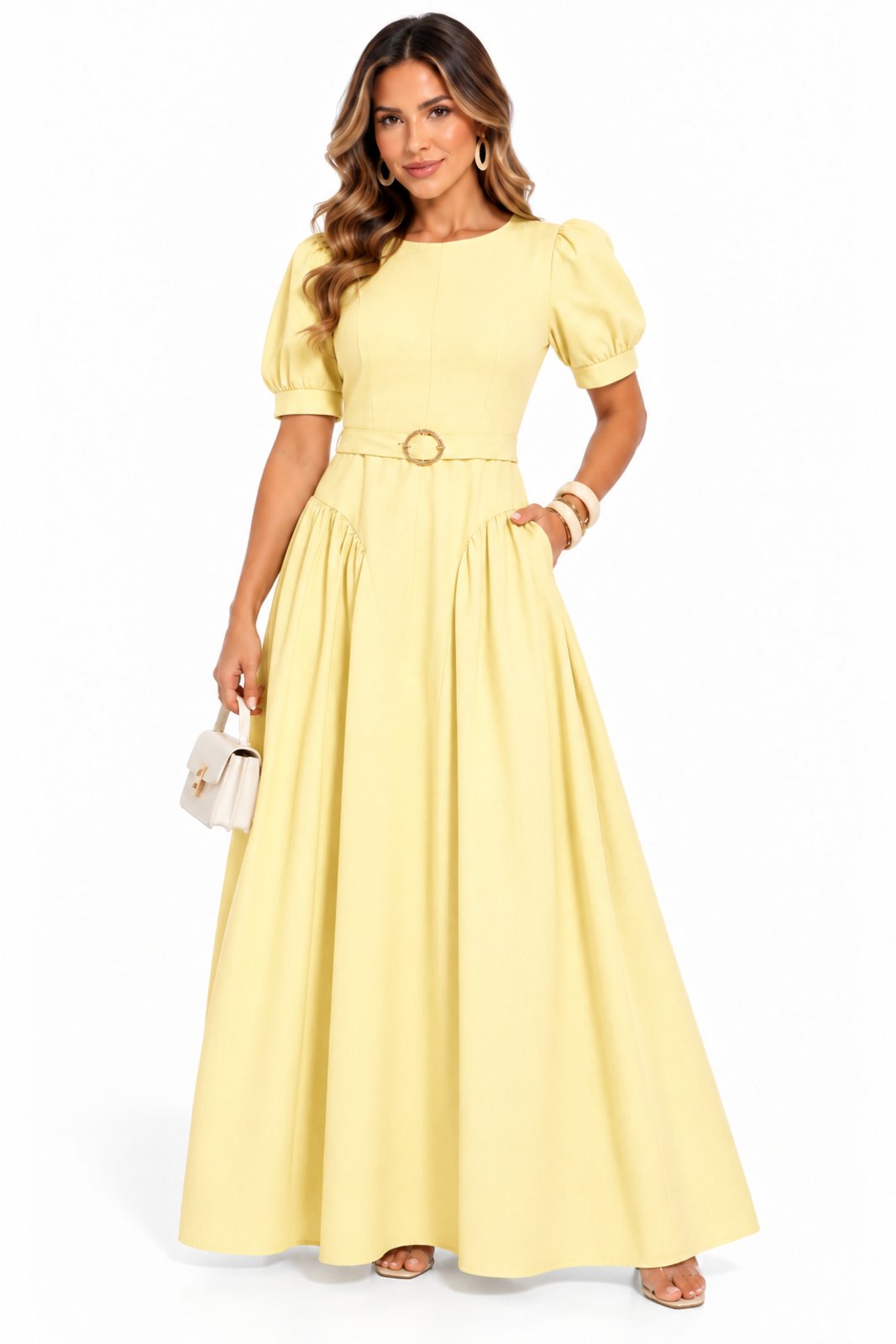 Vestido Longo D Bell Outlet Fashion Recortes Franzidos Amarelo Manteiga
