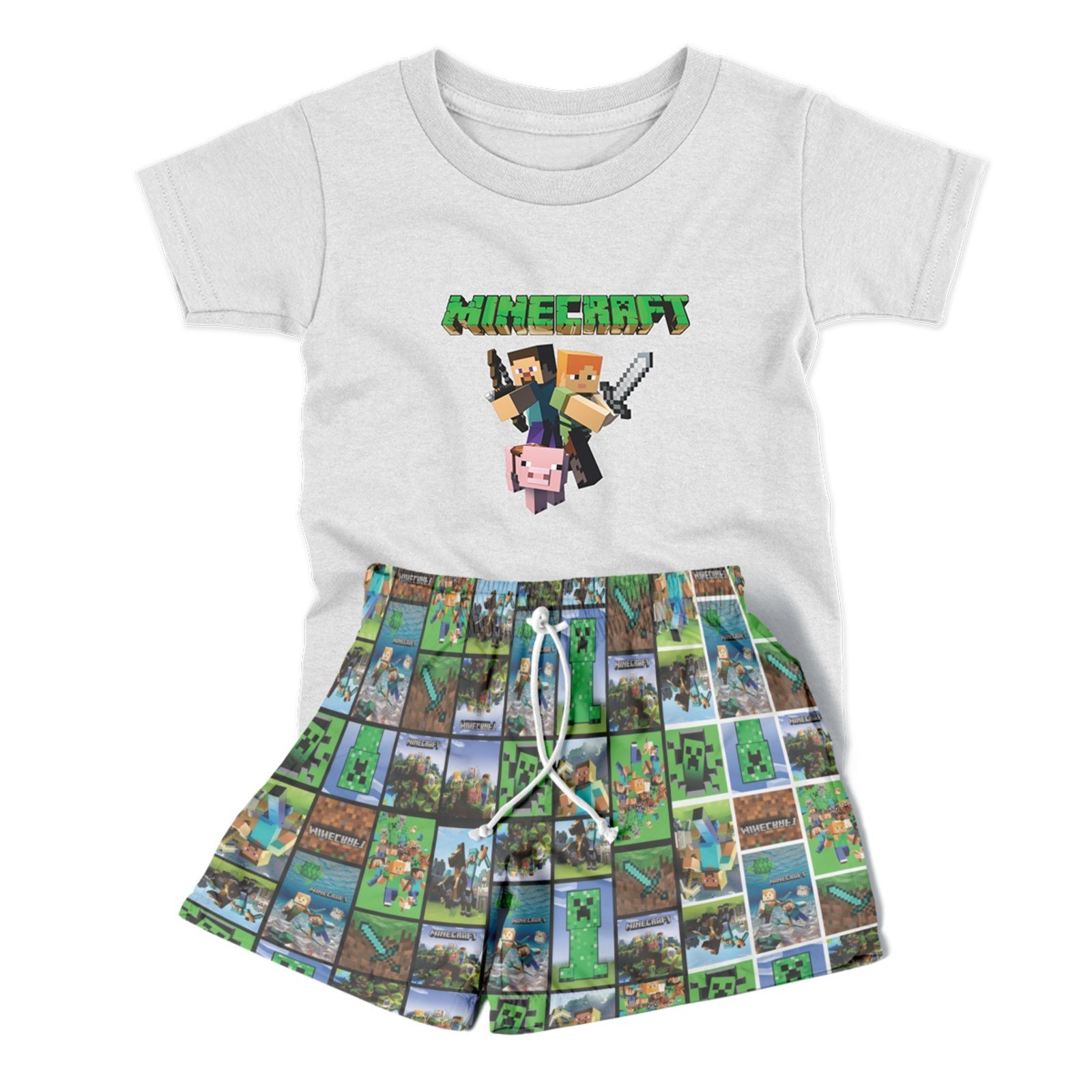 Infantil – Conjunto Menino 2pçs Camiseta Manga Curta e Shorts Personagens Cubos Verde Escuro