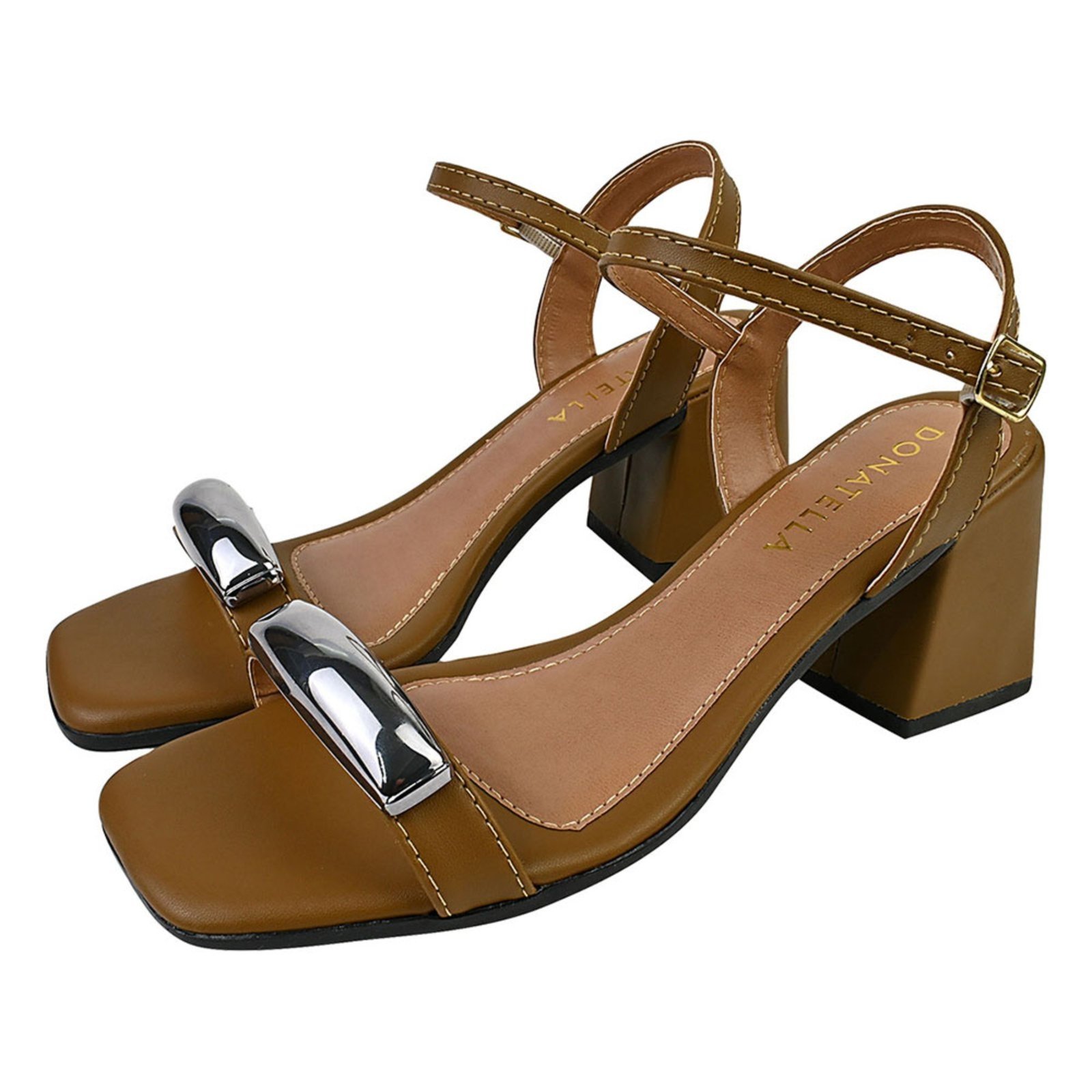 Sandália Feminina Donatella Shoes Bico Quadrado Salto Alto Bloco Enfeite Lesma Tendencia Novidade Moda Havana