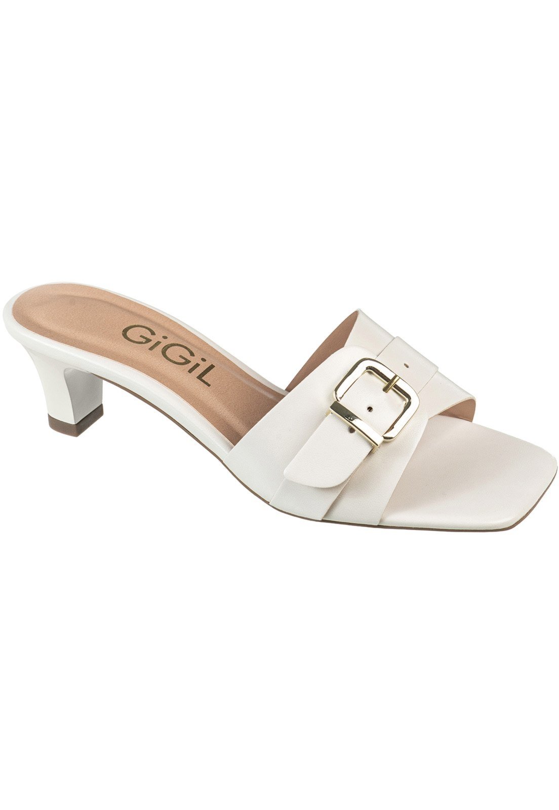 Sandália Tamanco Feminina GiGiL Salto Médio Fivela Detalhe Lateral Off White