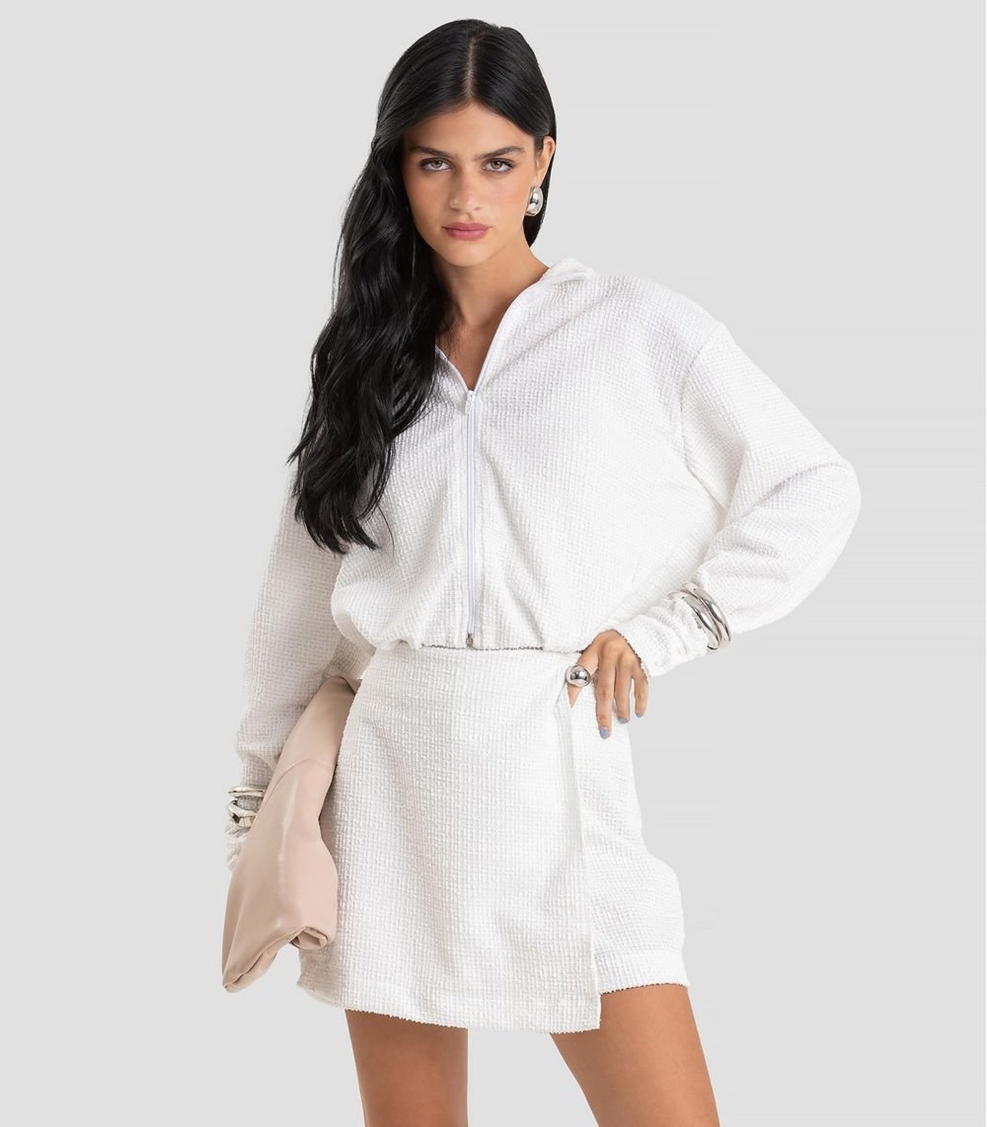 Jaqueta Feminina Cropped Em Tweed Dianna Branco
