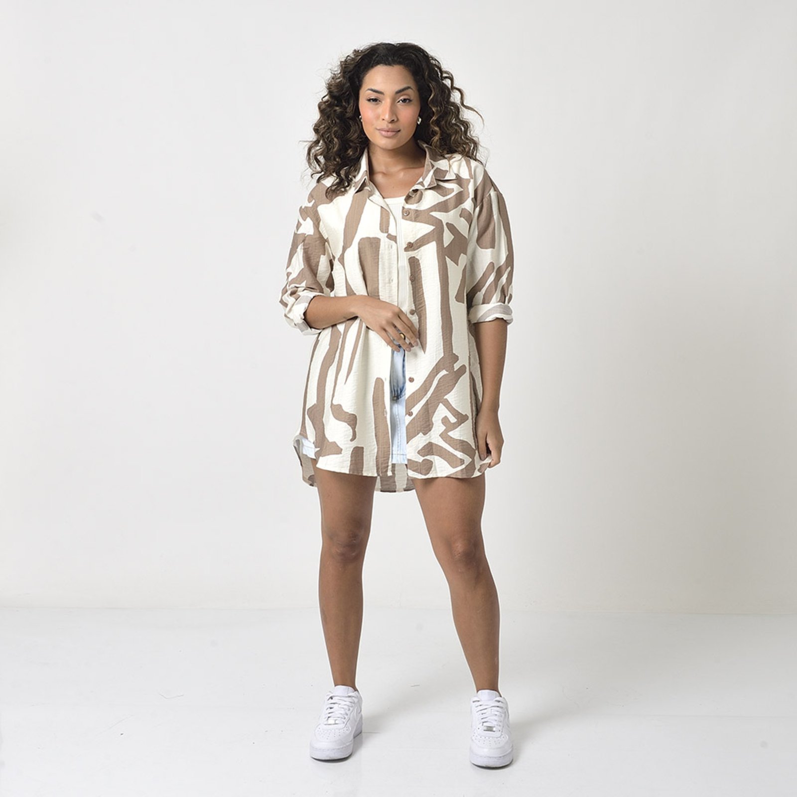 Camisa Oversized Fraldada Feminino Abotoado Médio Marrom