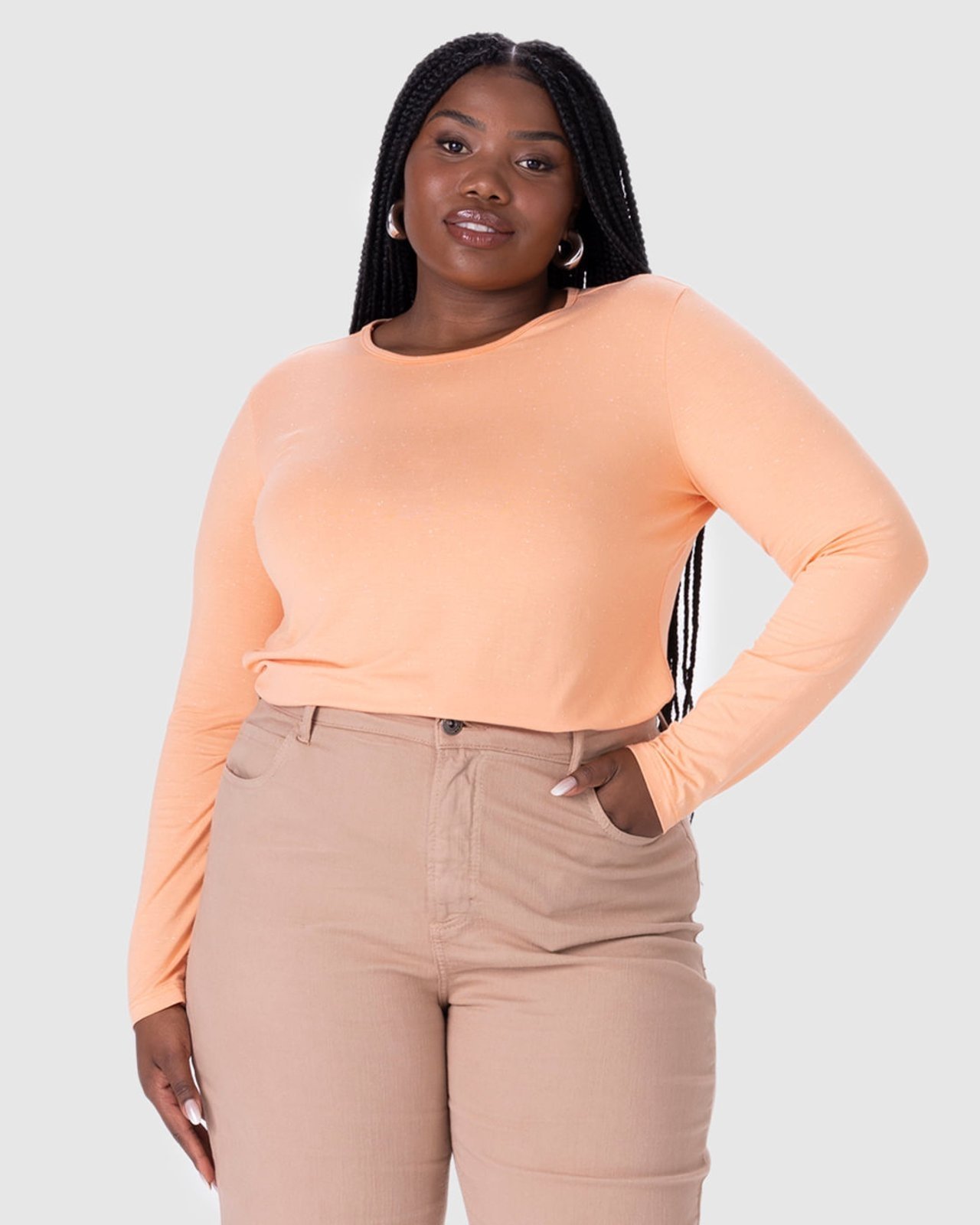 Blusa Básica Feminina Plus Size Manga Longa Em Viscose Botonê Stretch