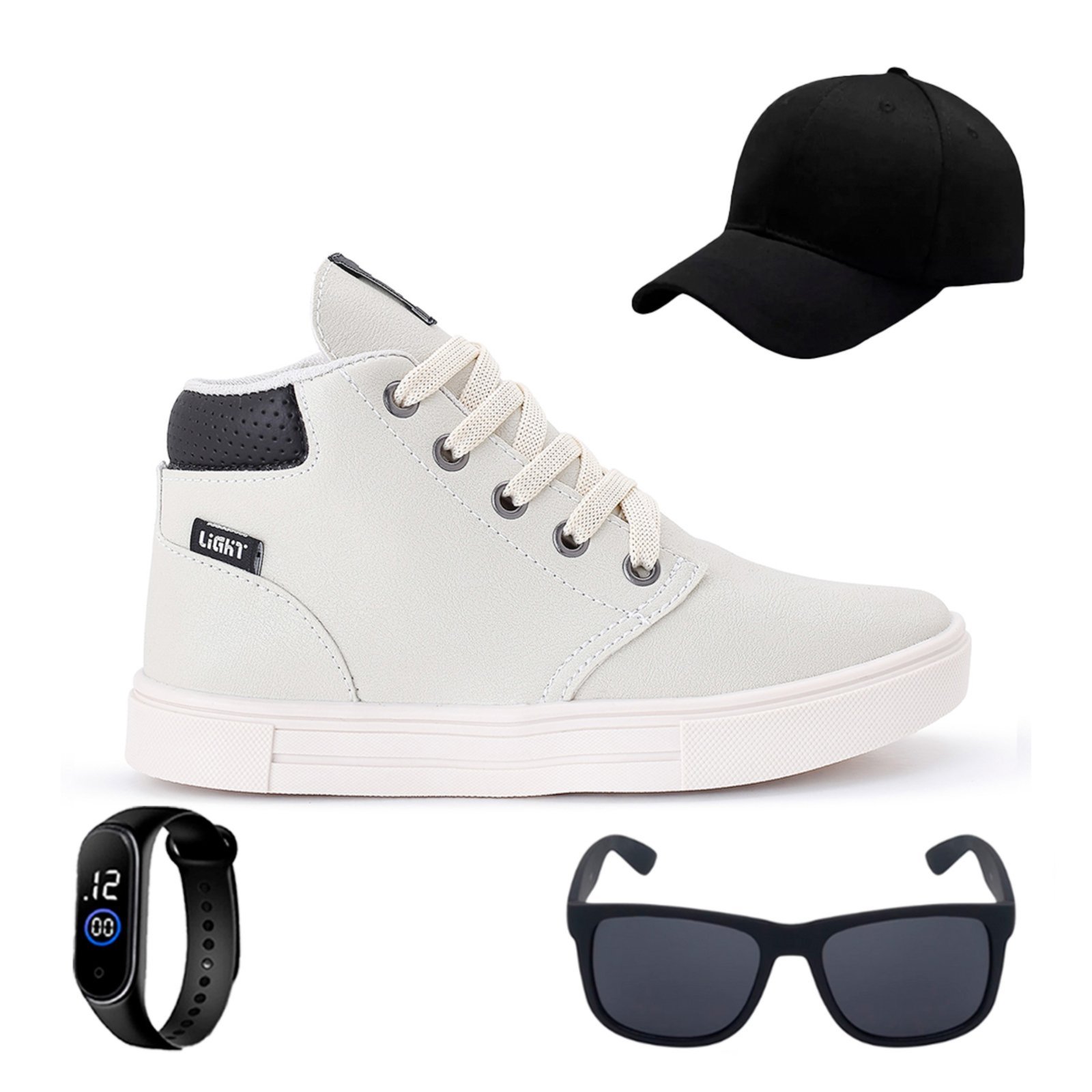 Infantil – Tenis Botinha Meninos Casual Cano Alto Confortavel + Bone Oculos Relogio Bege