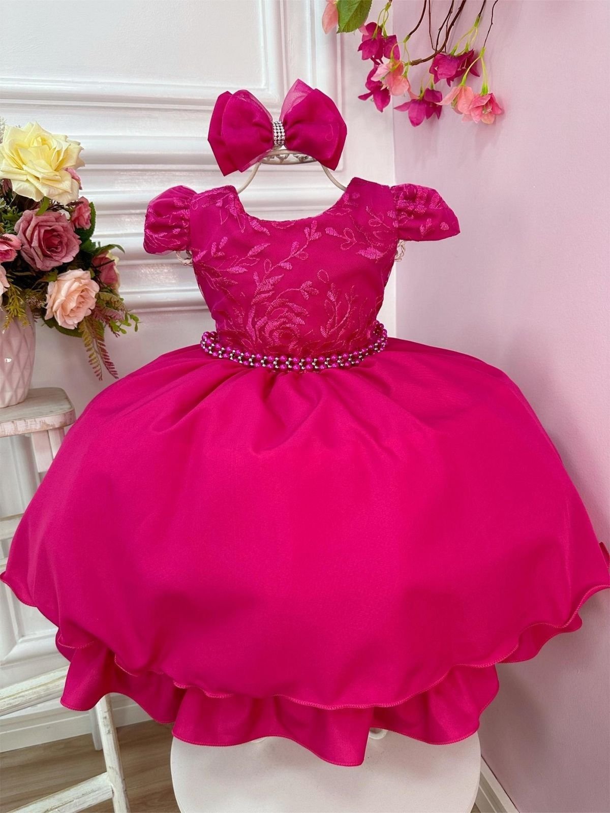 Infantil - Vestido Festa Rosa Pink Fucsia com Laço Cabelo Renda Princesa Formatura Casamento Pérolas Social Rodado Florista Dama Daminha Aniversário Luxo Menina Juvenil
