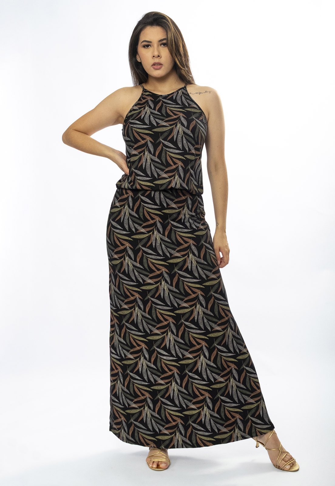 Vestido Longo Cabanafree Malha Trapézio com Elástico na Cintura Folhagem