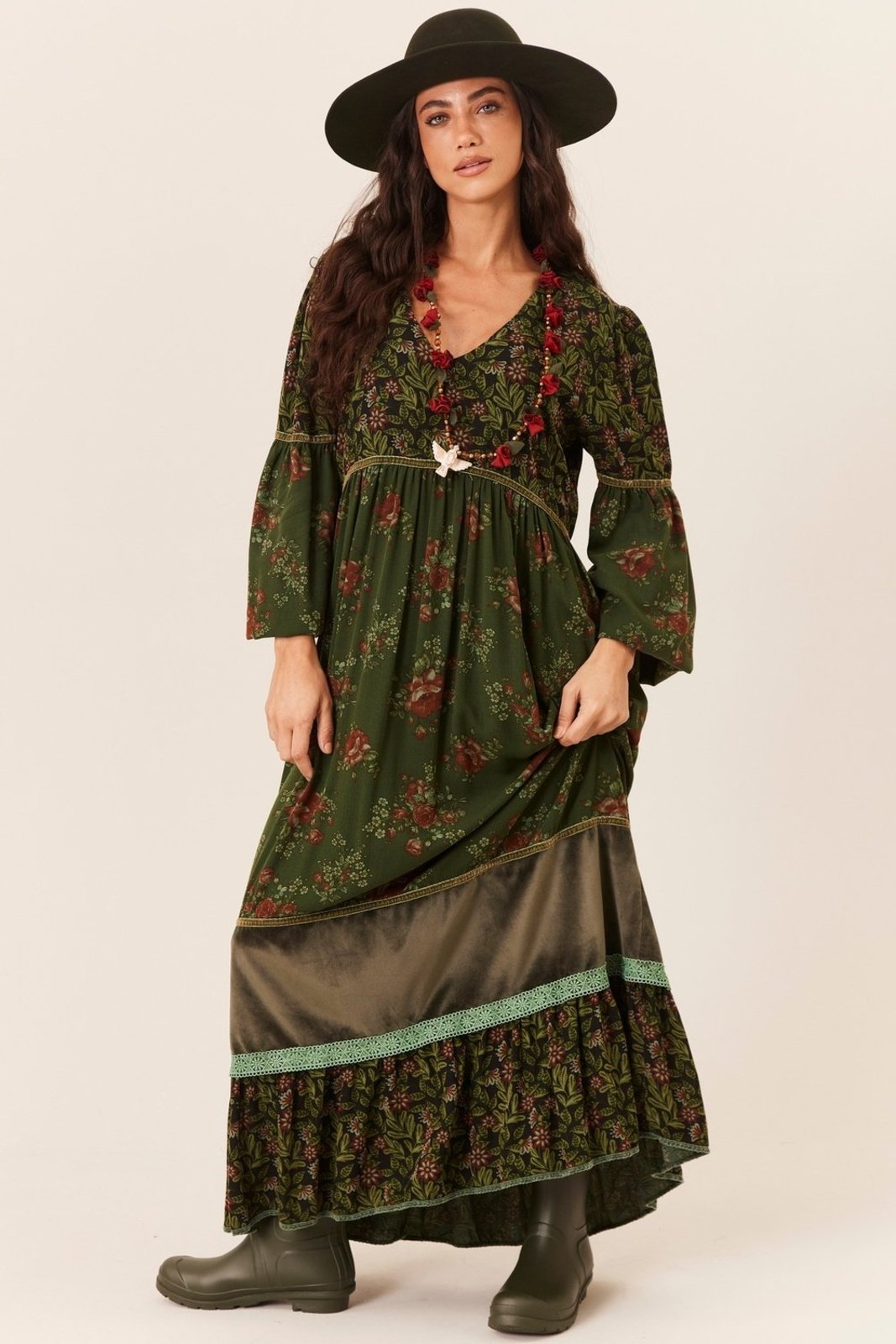 Vestido Longo Verde Escuro Patchwork Yacamim C20 - Patchwork