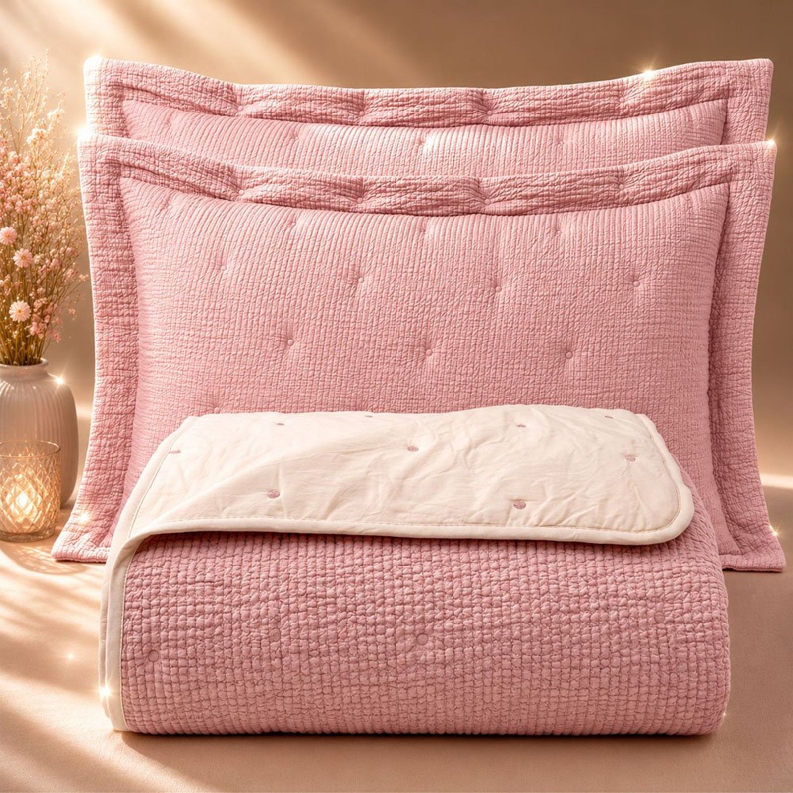 Cobre Leito Colcha Stylo Queen 3 Peças Dupla Face - Rosê