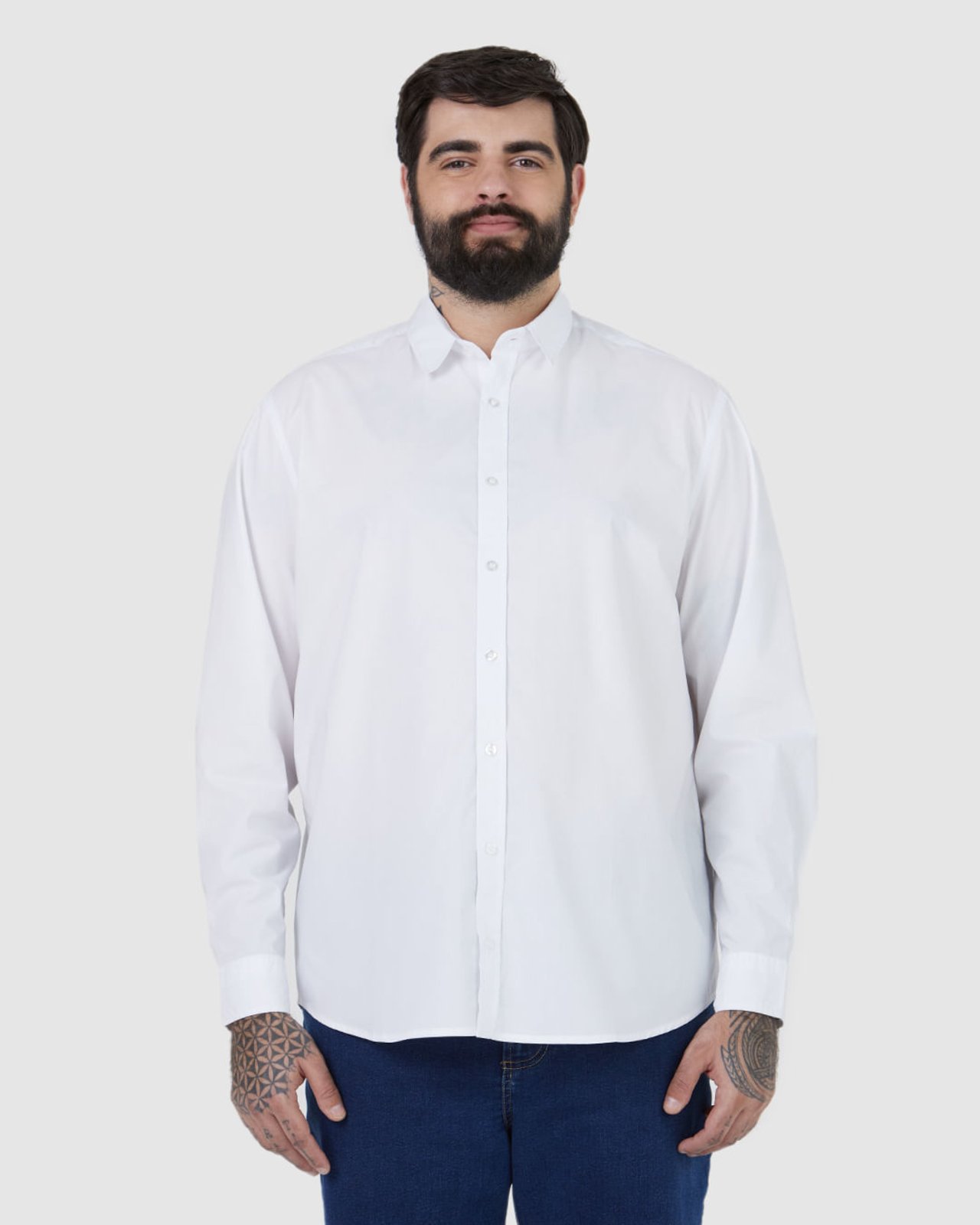 Camisa Básica Masculina Plus Size Manga Longa Em Tricoline
