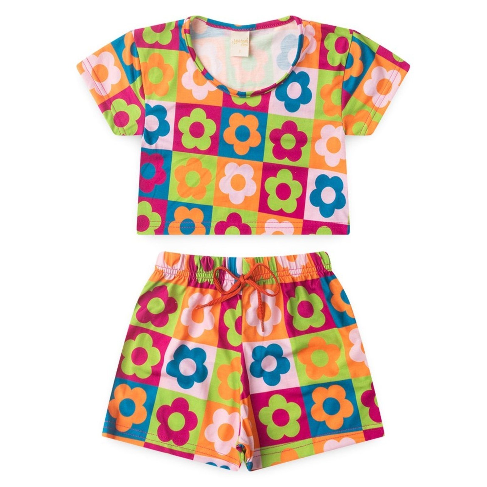 Vista 3 Infantil - Conjunto Verão Menina Pink Cropped e Shorts Com Cadarço Florzinhas Molekada rosa pink Molekada rosa pink