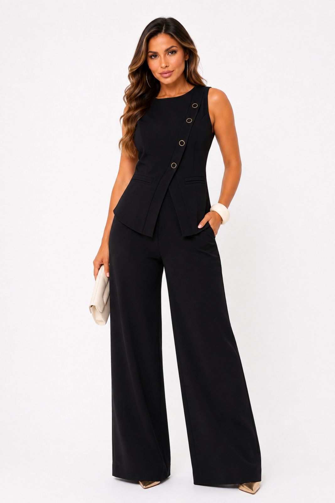 Conjunto Feminino D Bell Outlet Fashion Botões Assimétricos Preto